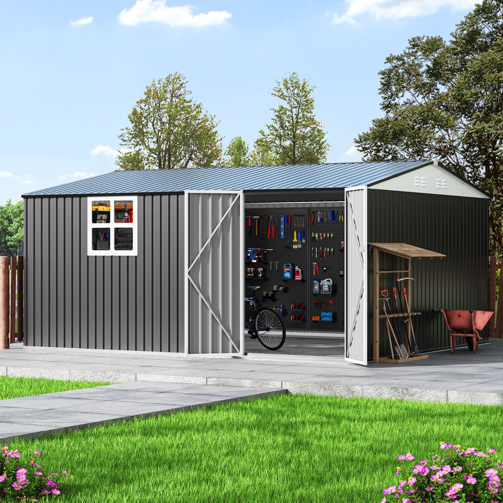12x14 FT Outdoor Metal Storage Shed with Window,Lockable Metal Garden Tool Shed 12x14 FT Outdoor Metal Storage Shed with Window,Lockable Metal Garden Tool Shed