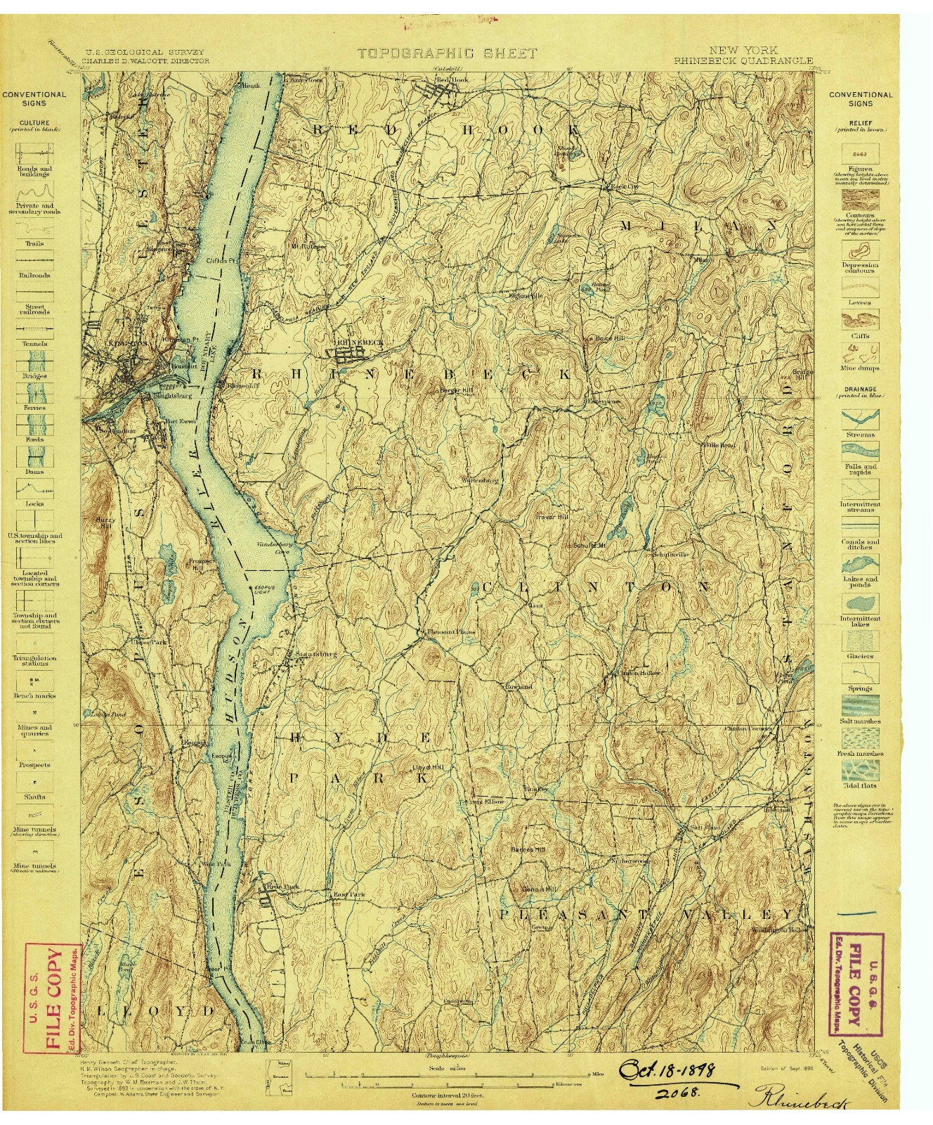 Rhinebeck, NY, Topographic Map, 1898, USGS – Premium Matte Print – Historic NY
