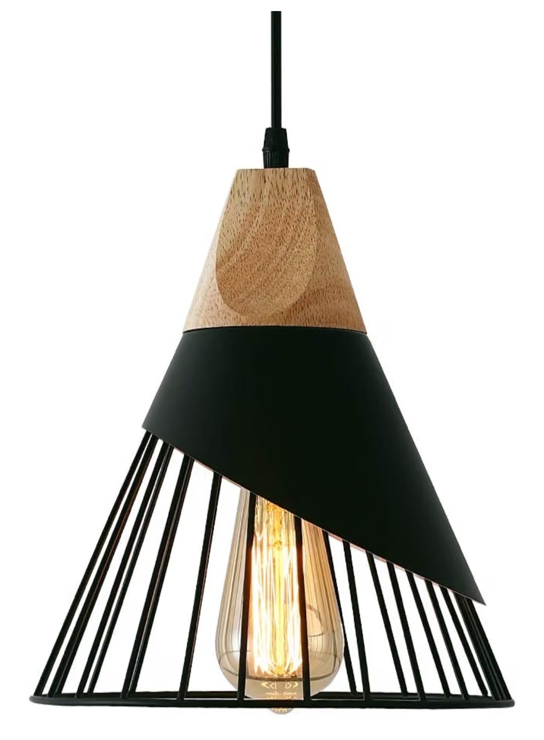 Modern Black Pendant Light Over Kitchen Island, Adjustable Wood Hanging Light Fi