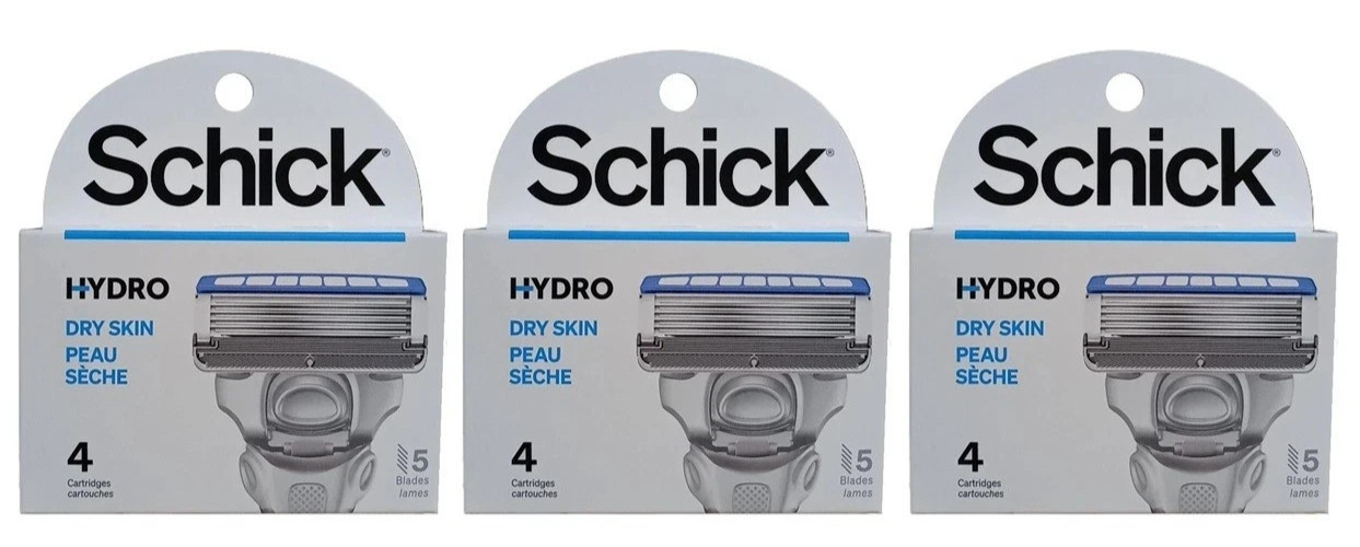 Schick Hydro Dry Skin 5 Blades Razor 4 Refills/3 Packs 12 Cartridg
