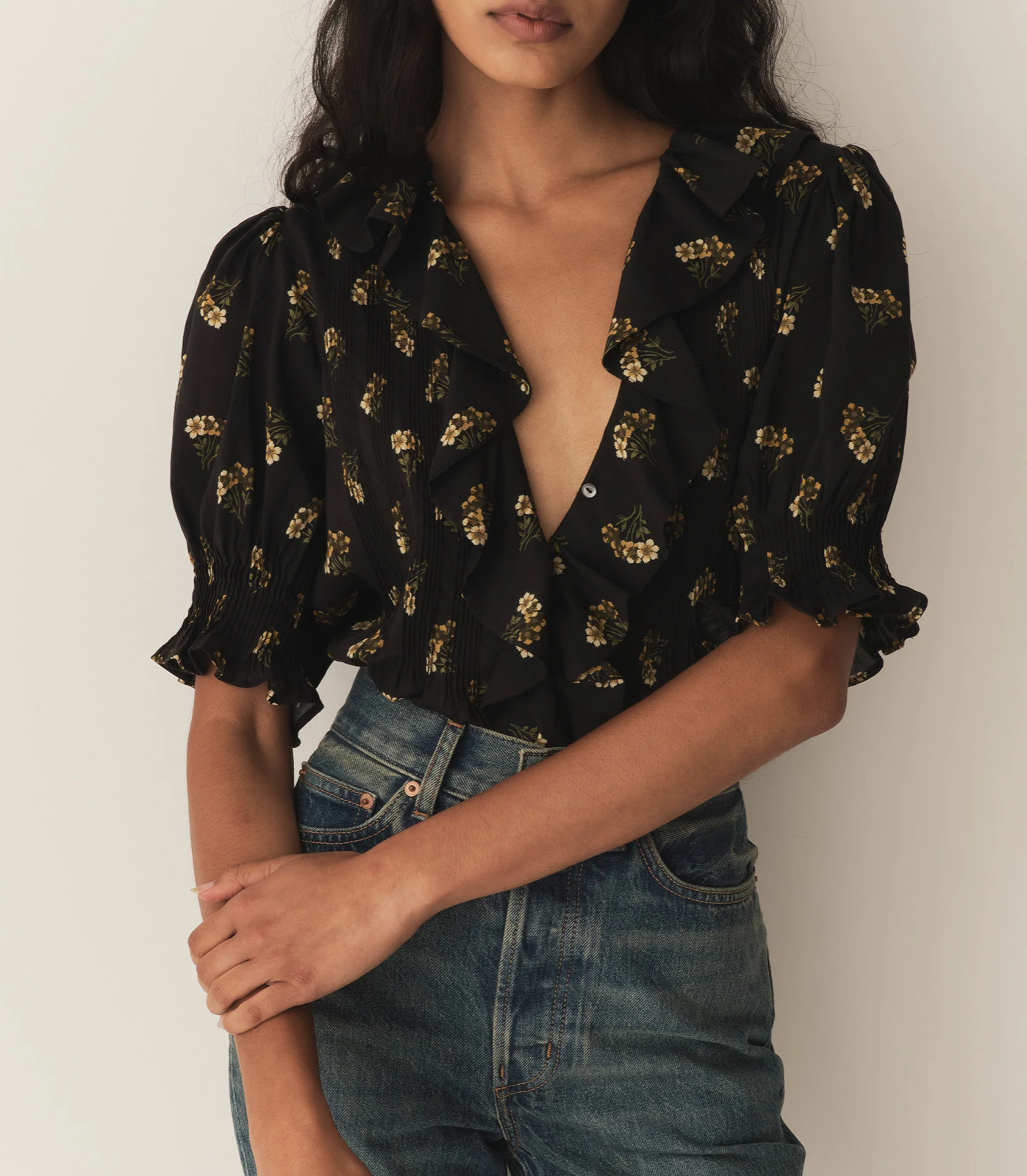NWT DOEN Henri ruffle top blouse in black buttercup bouquet yellow floral XS