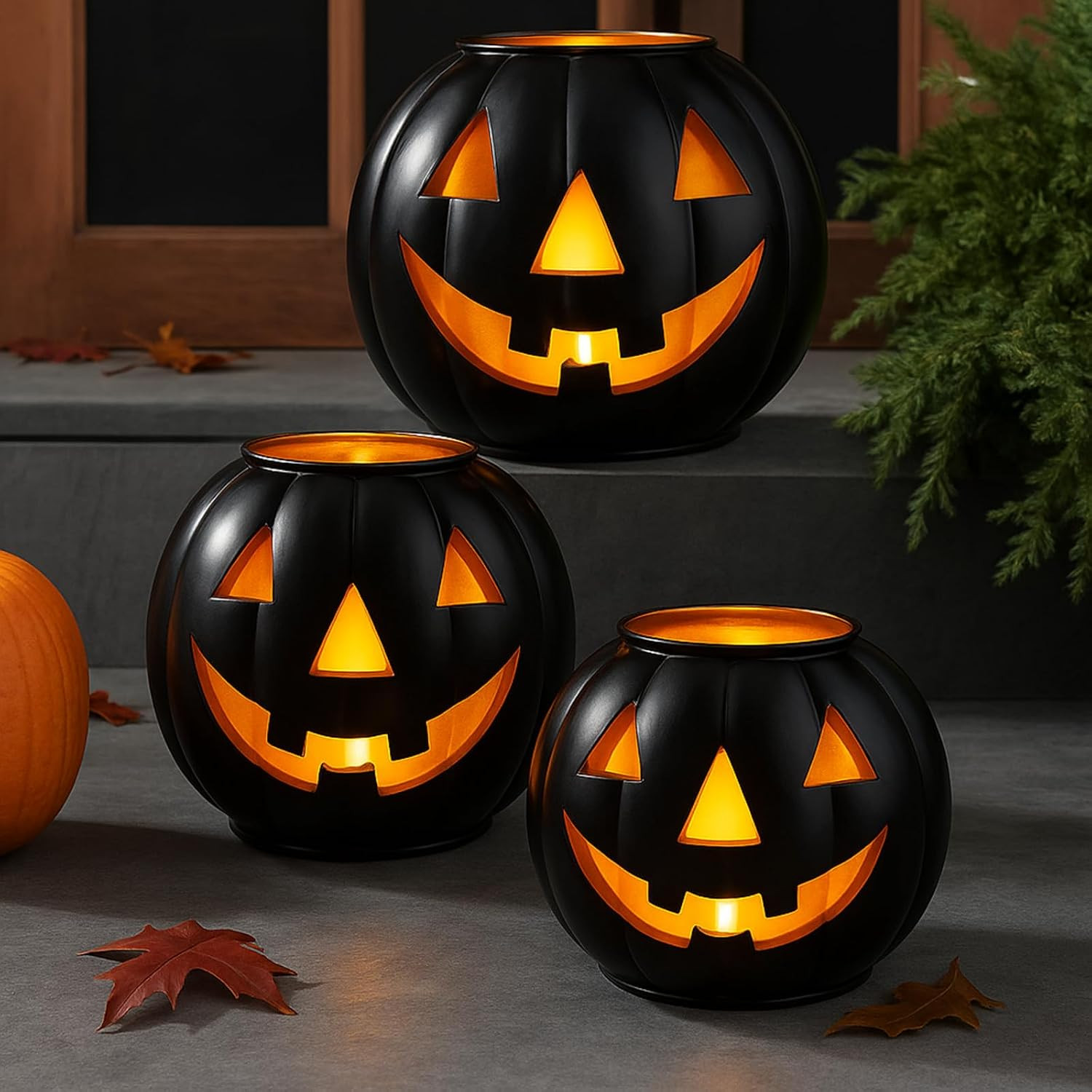 🎃HALLOWEEN🎃 Set of 3 Pre-Lit Black Metal JACK-O-LANTERN Pumpkins w/ LED Candle 🎃HALLOWEEN🎃 Set of 3 Pre-Lit Black Metal JACK-O-LANTERN Pumpkins w/ LED Candle