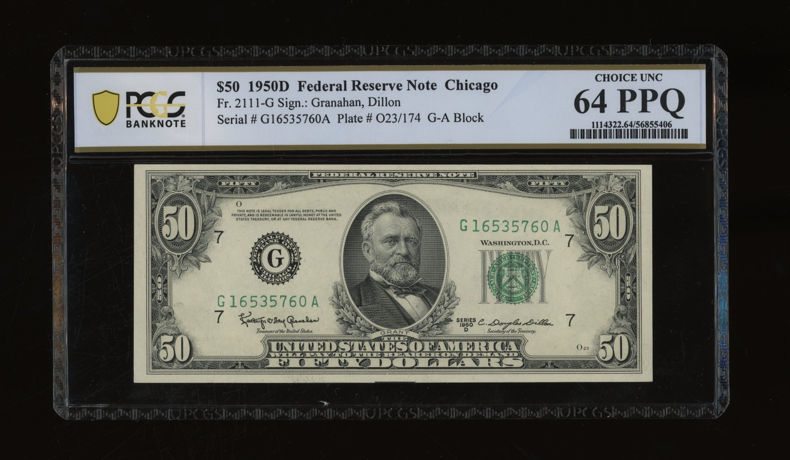 DBR 1950-D $50 FRN Chicago Fr. 2111-G PCGS-B 64 PPQ Serial G16535760A