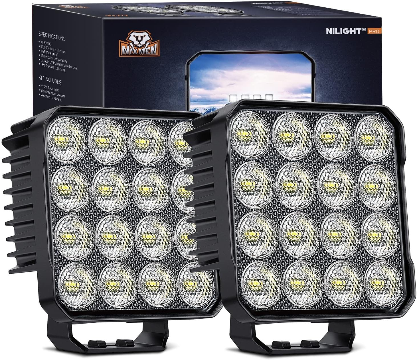 Nilight 4.4Inch Led Pods 2PCS 48W 4780LM Work 2Pcs Square 