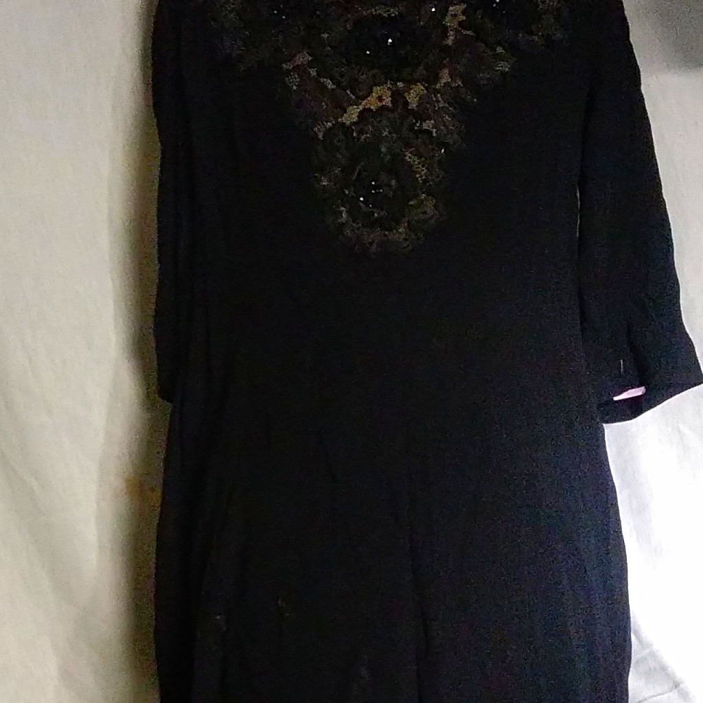Rare Womens Vintage 1940s Black V-Neck 3/4 Sleeve Linen/Lace Pencil Dress L
