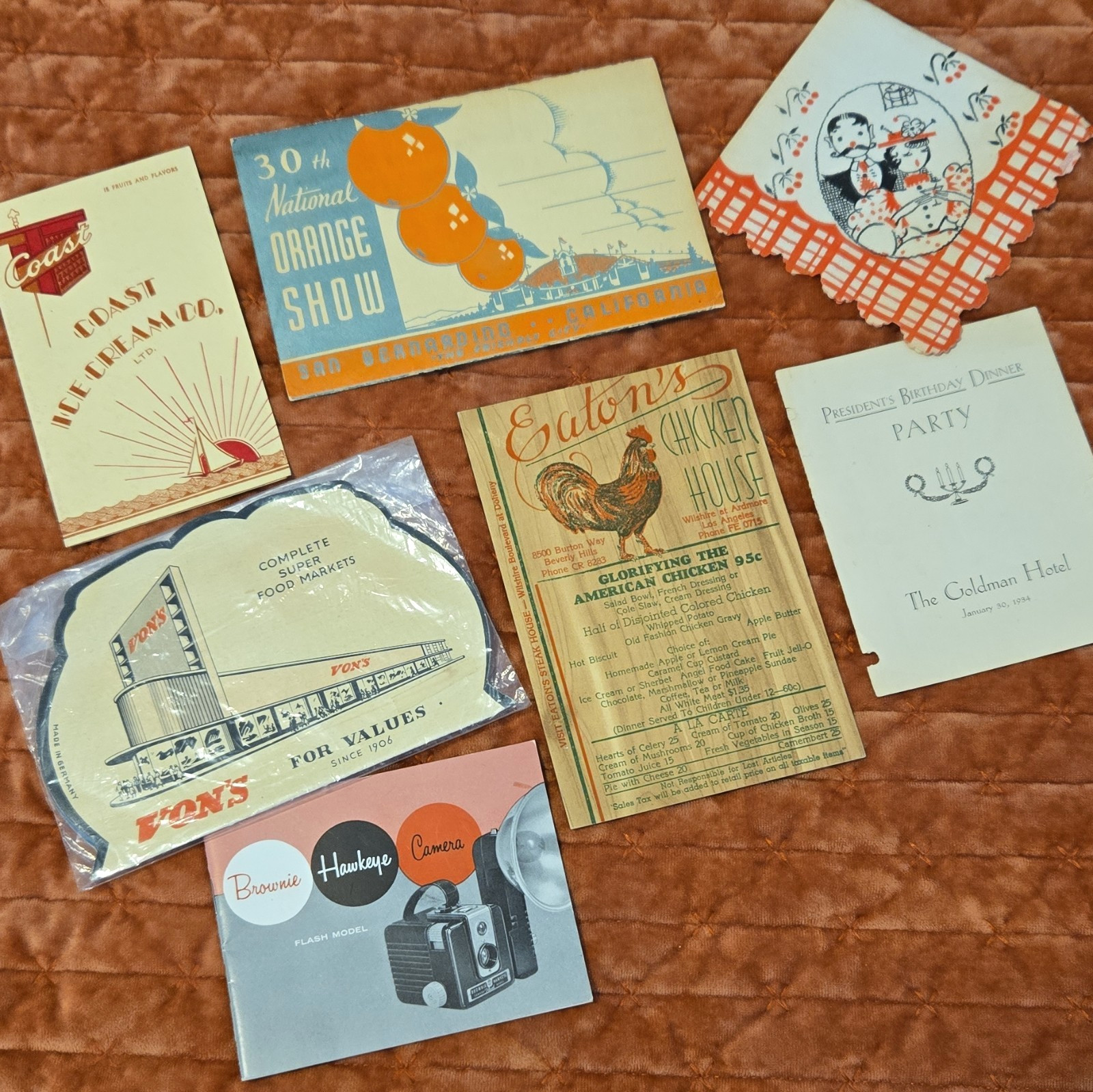 Vtg Ephemera Lot 7 Pcs: Eaton Wood Menu 1940 Orange Show Vons Sewing FDR Hotel..