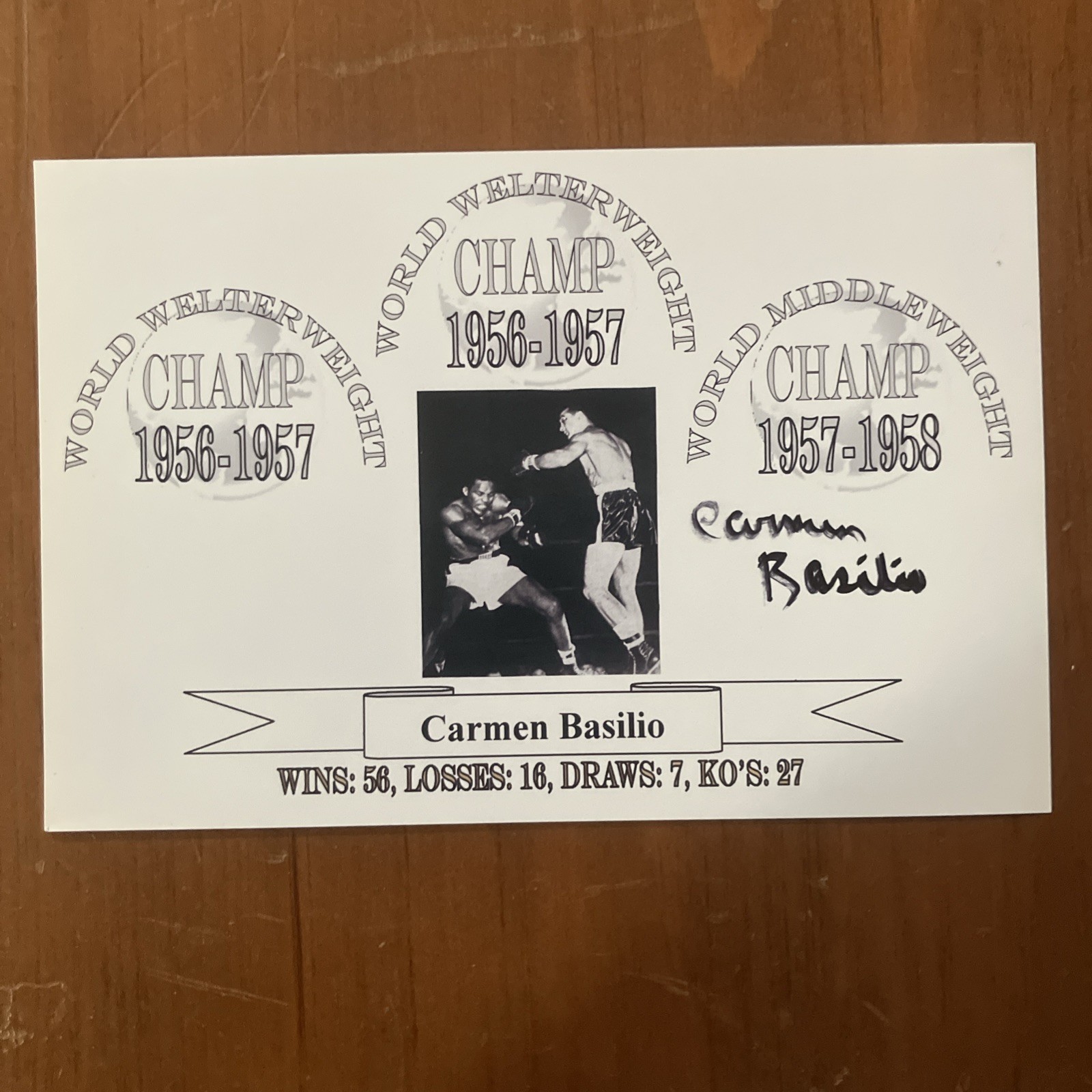 Autographed Carmen Basilio CIC 4x6 glossy photo index card boxing champ Signed 