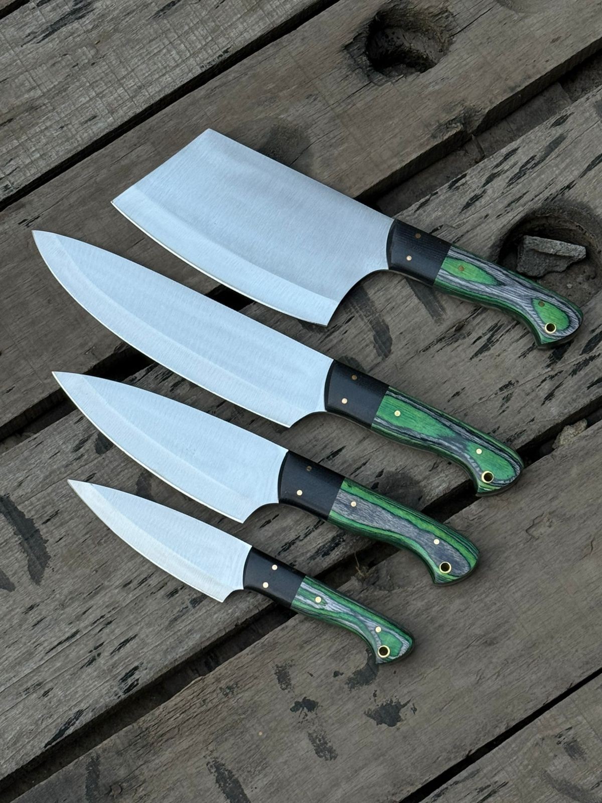 Personalized Chef Knife Set Handmade Green Wood Handle J2 Steel Kitchen Knife. Personalized Chef Knife Set Handmade Green Wood Handle J2 Steel Kitchen Knife.