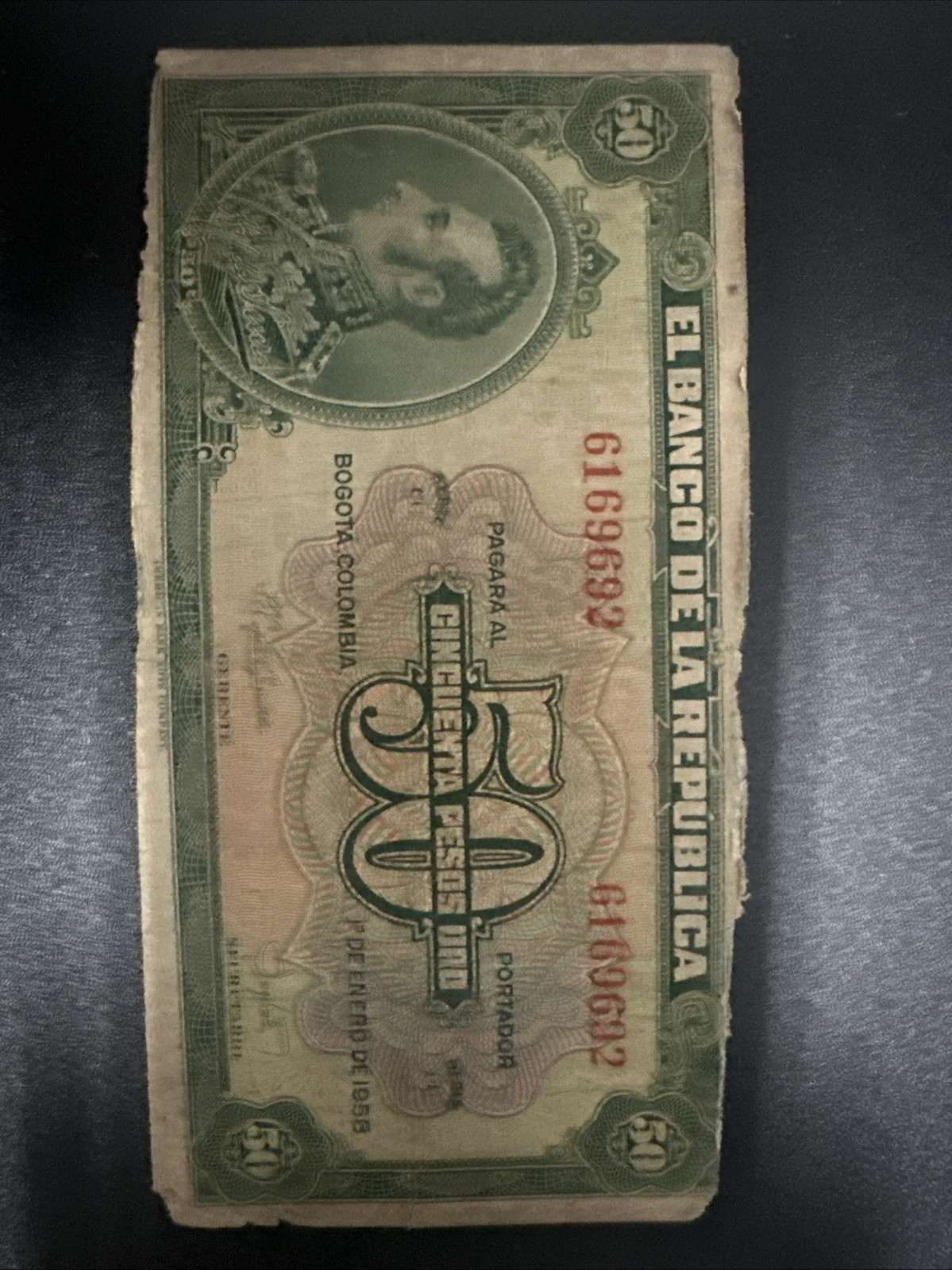 El Banco de la República 50 Pesos Oro Banknote Colombia, 1958 El Banco de la República 50 Pesos Oro Banknote Colombia, 1958