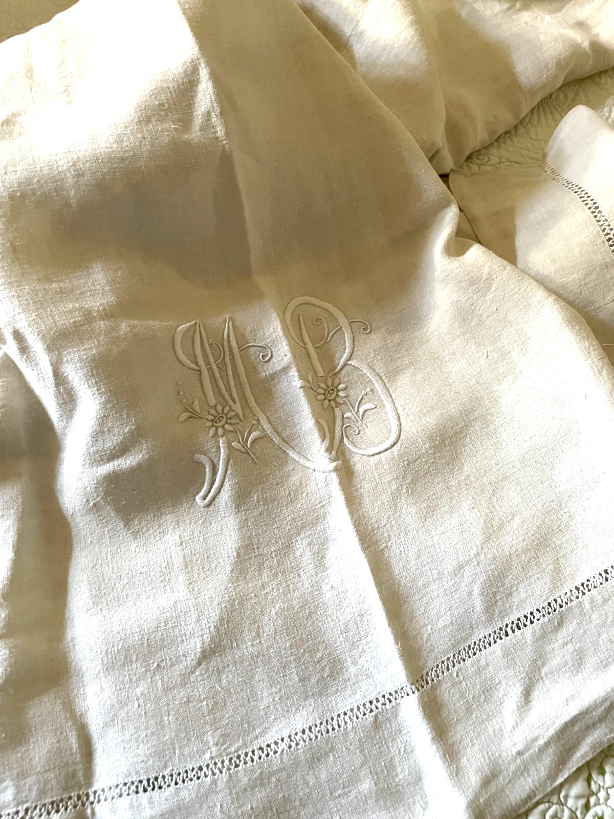 Antique French 9.11 ft Pure Linen White Monogram Sheet MB c1900s