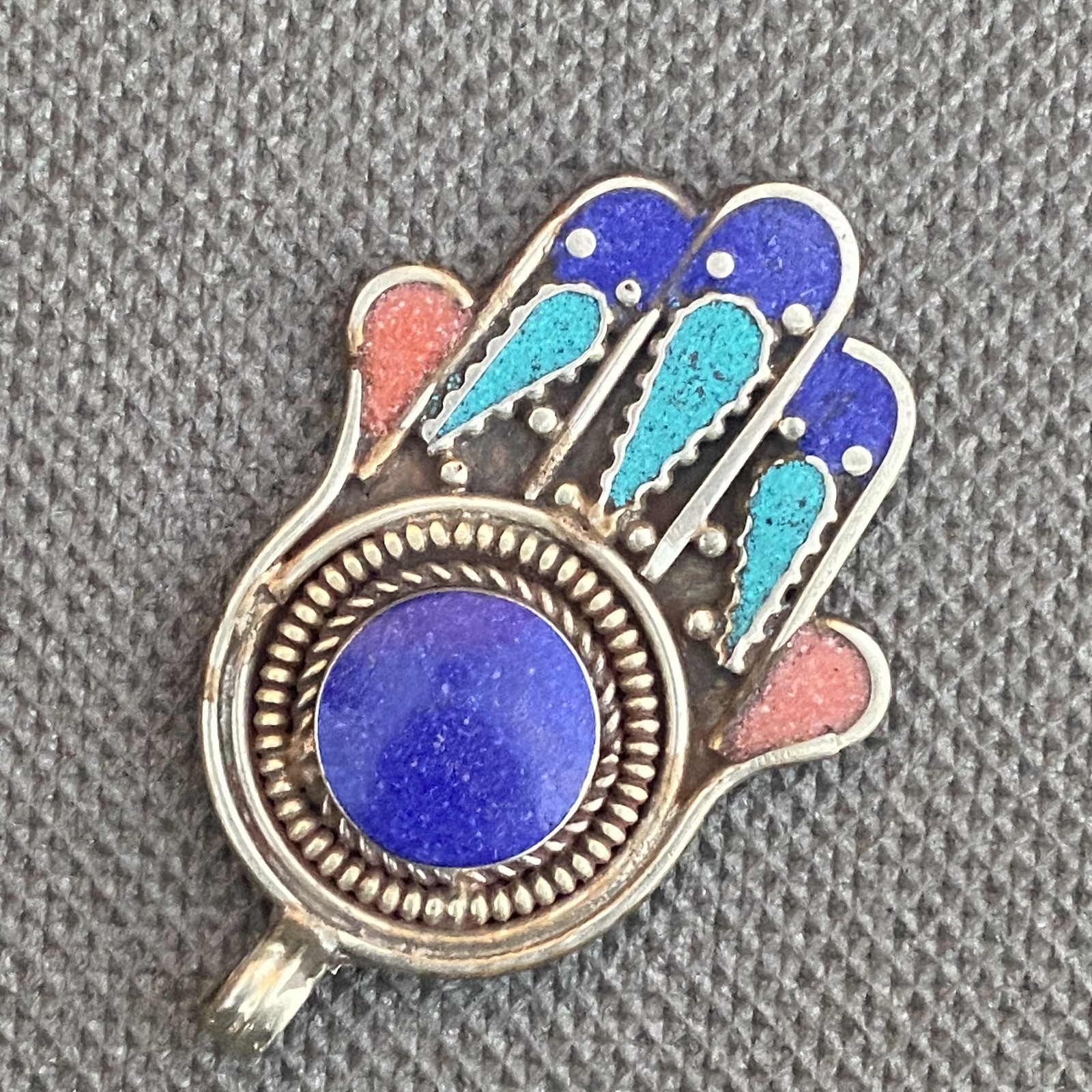 Ancient Silver Hand Of Fatima Khamsa Moroccan Talisman Colored
