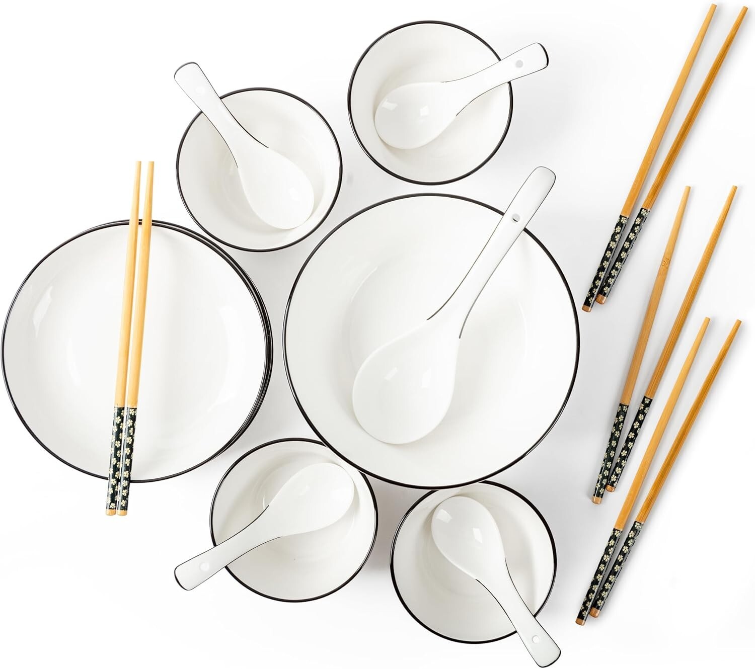 TOK 18 Pc Japanese Ramen Pho Bowl Porcelain Dishware Set for 4 Chopsticks Spoons