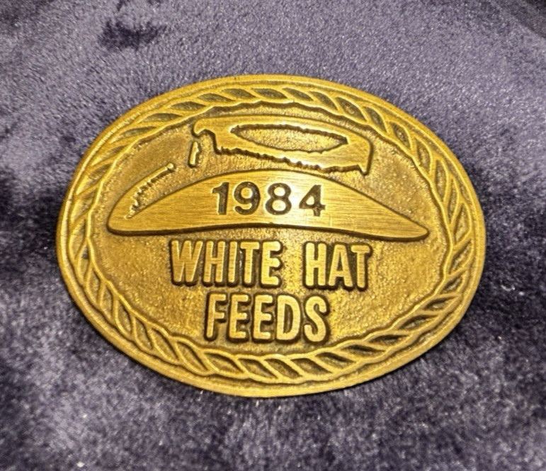 Vtg 1984 White Hat Feeds Oval Farming Brass Belt Buckle Vtg 1984 White Hat Feeds Oval Farming Brass Belt Buckle