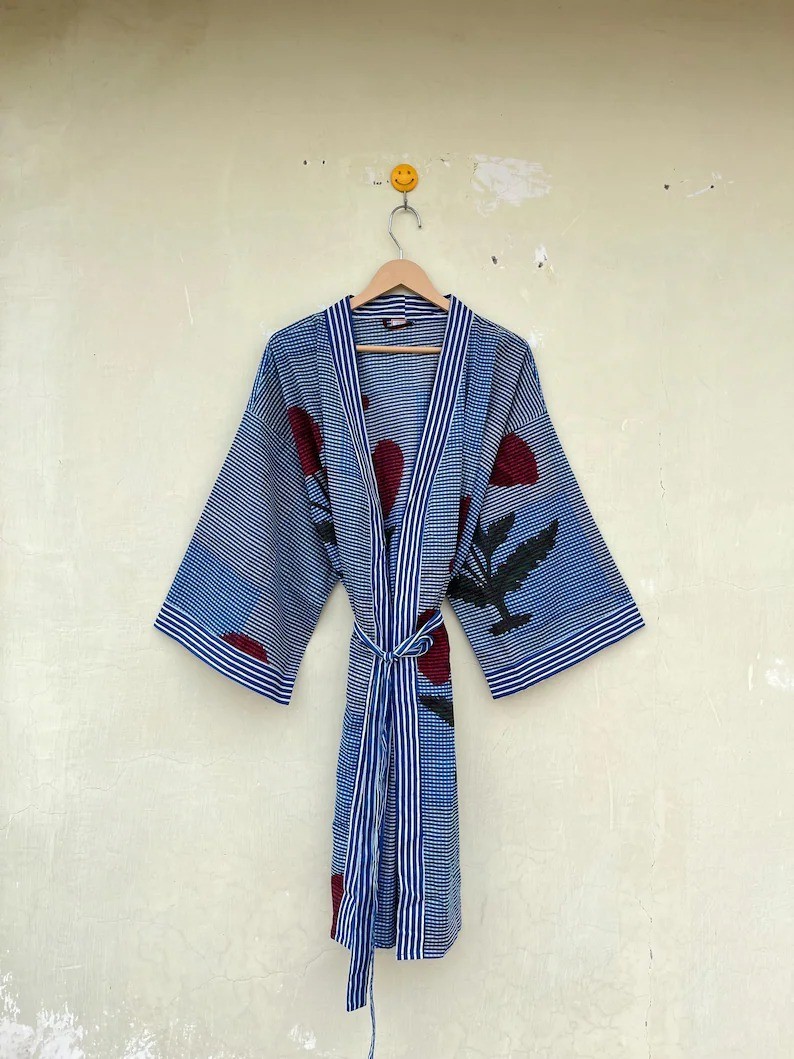 Indian Blue Floral Cotton Robe Short Kimono Sleepwear Night Suit Kimono Robe US