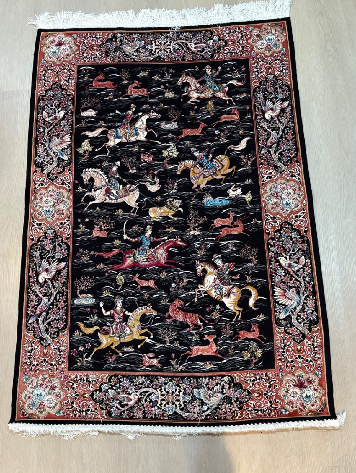 Classical Hunting Scene Rug. Loom Made in Art Silk in Astounding Detail / Colors