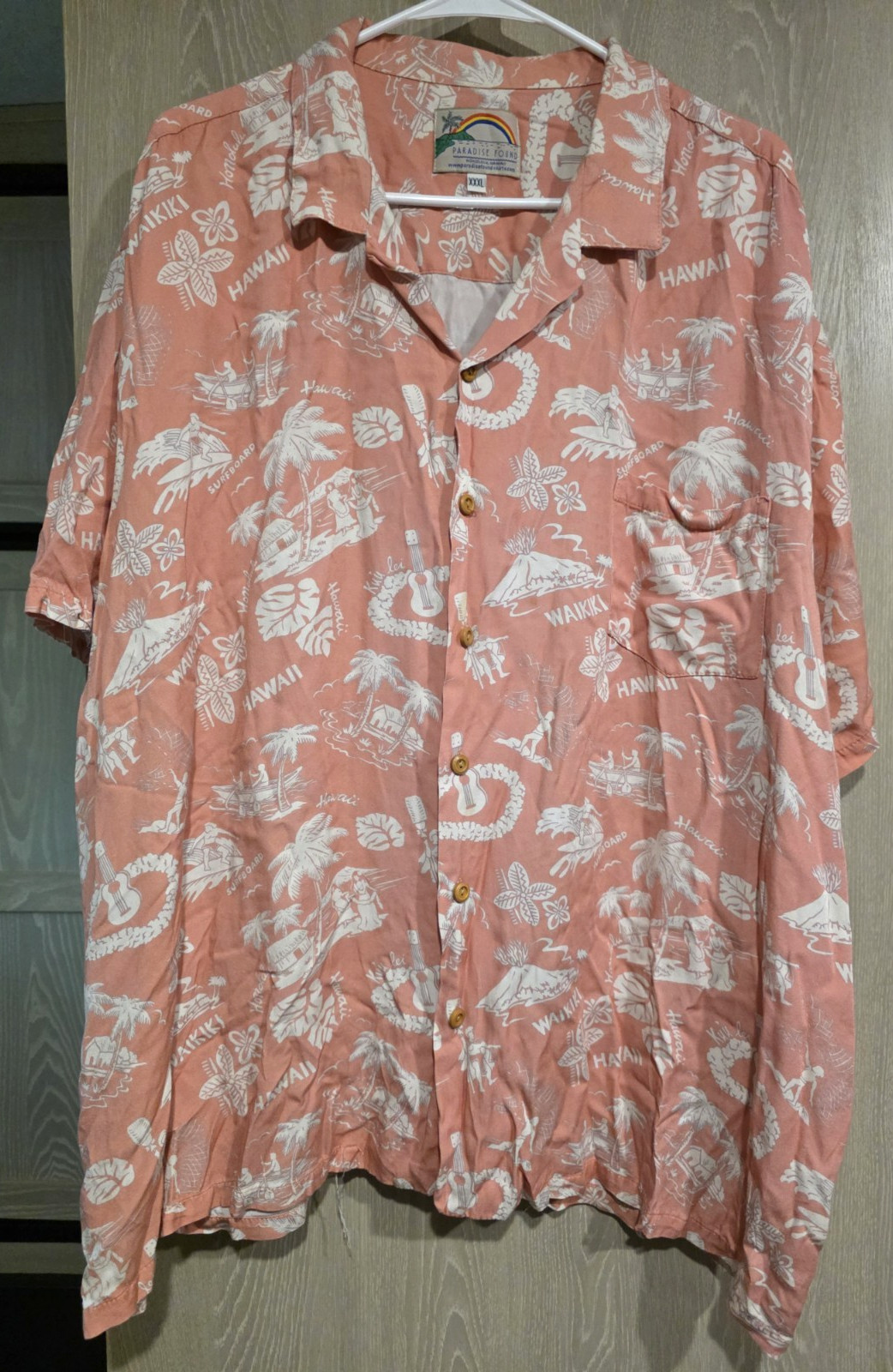 Vintage PARADISE FOUND Waikiki Surfers Hawaiian Shirt 3XL Pink & White Rayon
