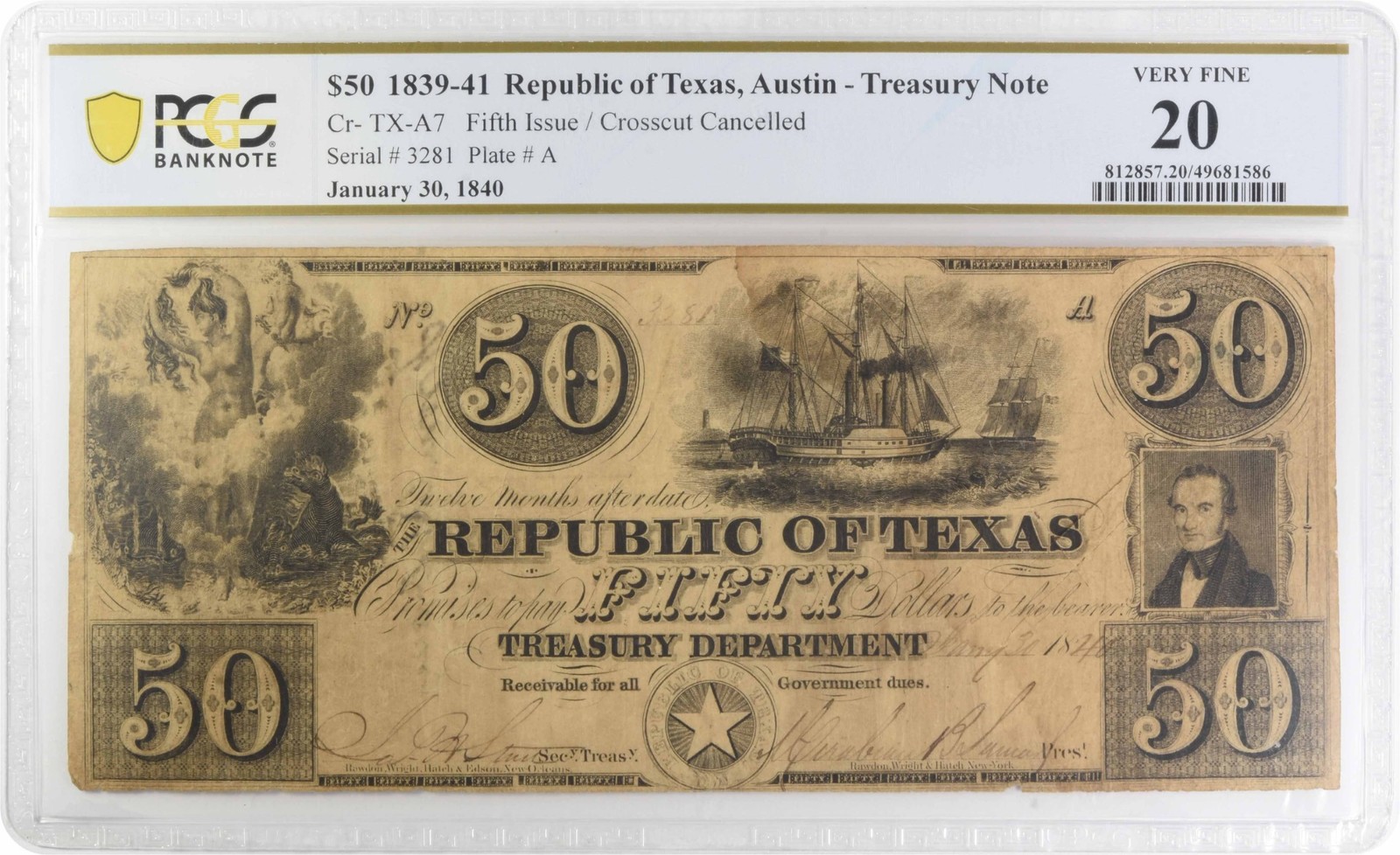 $50 1839-41 Republic of Texas, Austin A7 Crosscut Cancelled VF20 PCGS #302