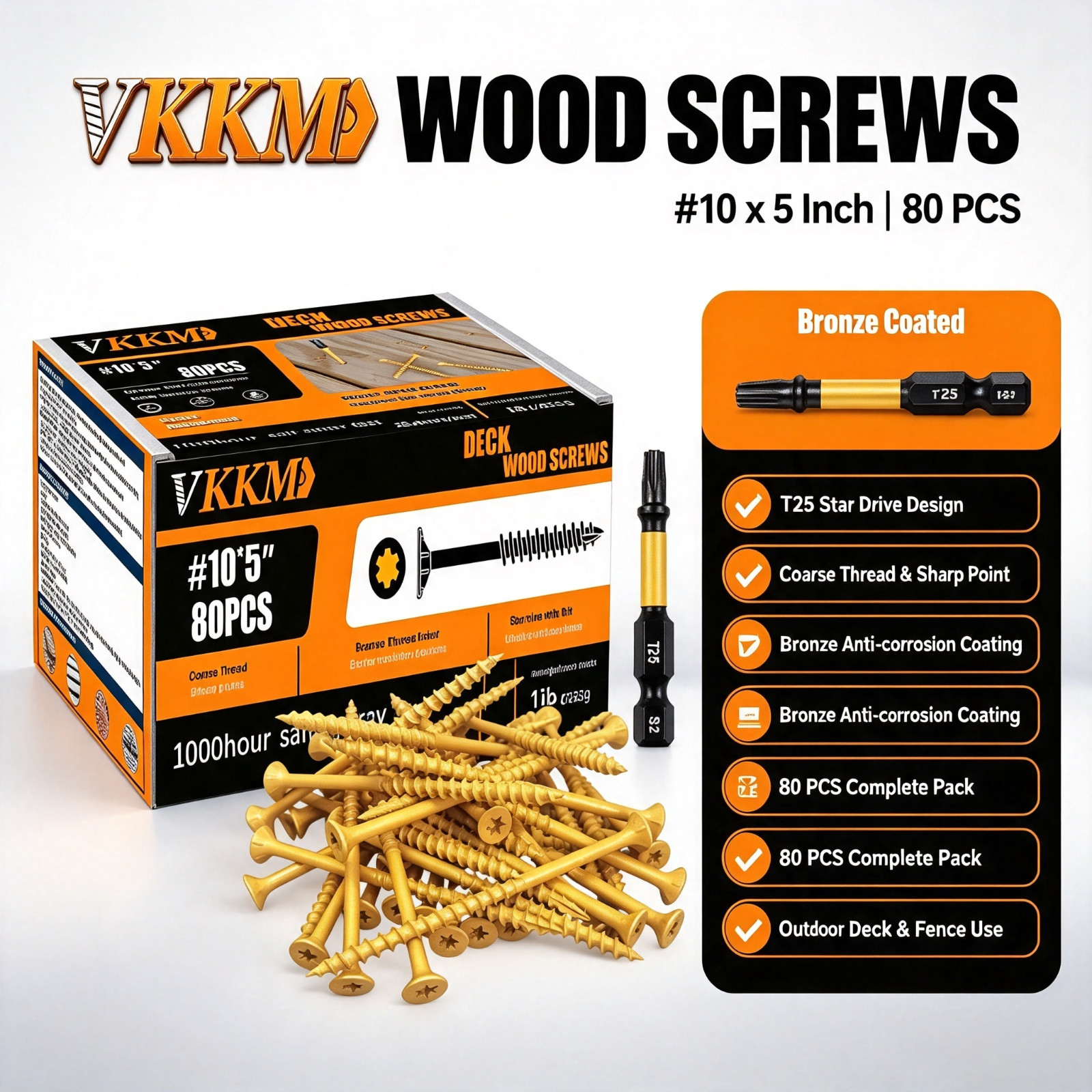 80Pcs #10x5 Bronze Coarse Thread Deck Screws T25 Self Tapping Rust Proof + Bit