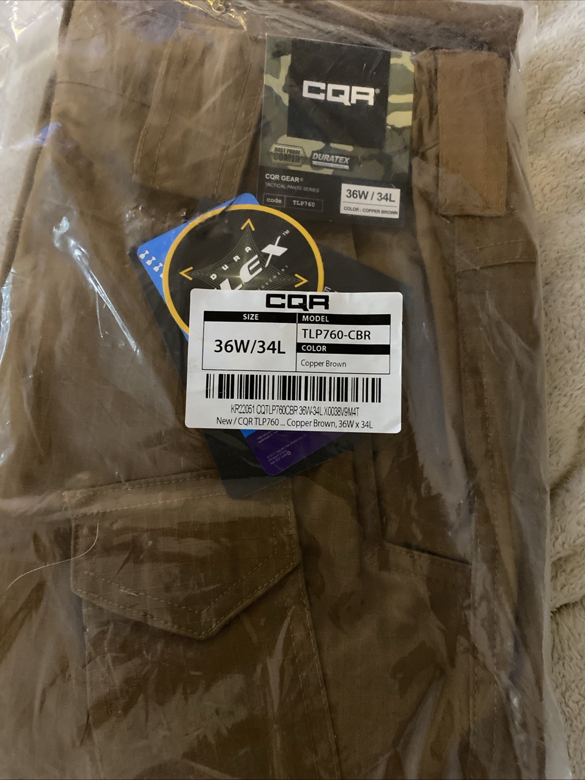 CQR Men\'s Brown Cargo Tactical Pants 36x34 Dura Flex  Water Resistant