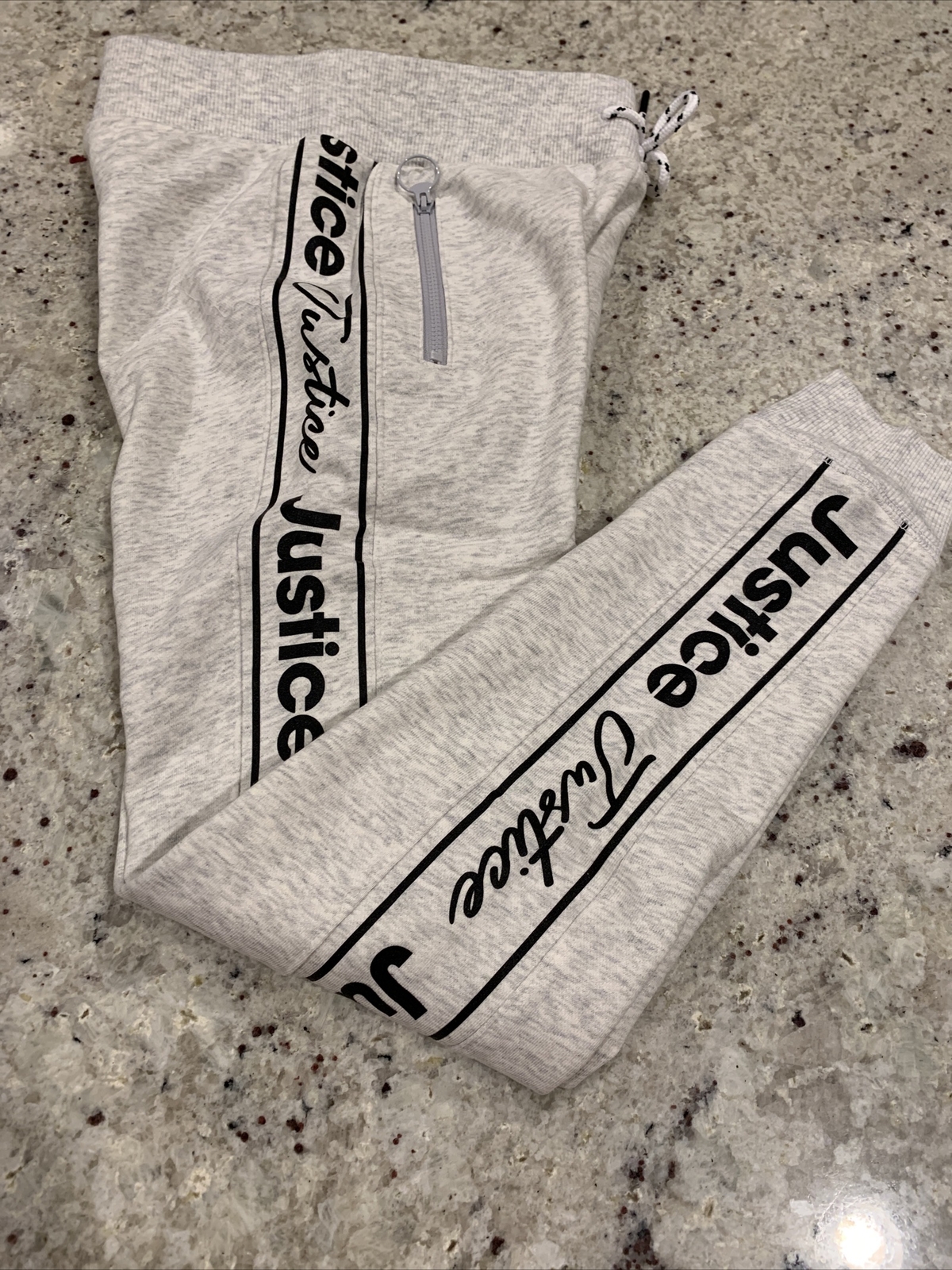 NWT JUSTICE GIRLS LOGO STRIPED ZIPPER JOGGERS SIZE 14 Oatmeal