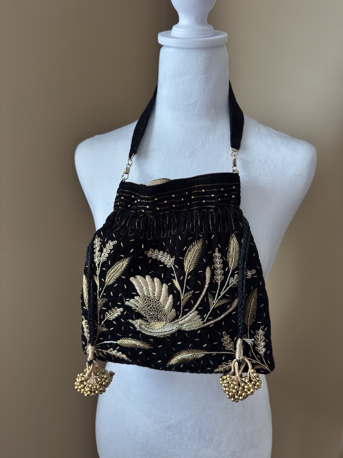 Embroidered Unique Black Velvet Mini Drawstring Bag with Gold Motif Embroidered Unique Black Velvet Mini Drawstring Bag with Gold Motif