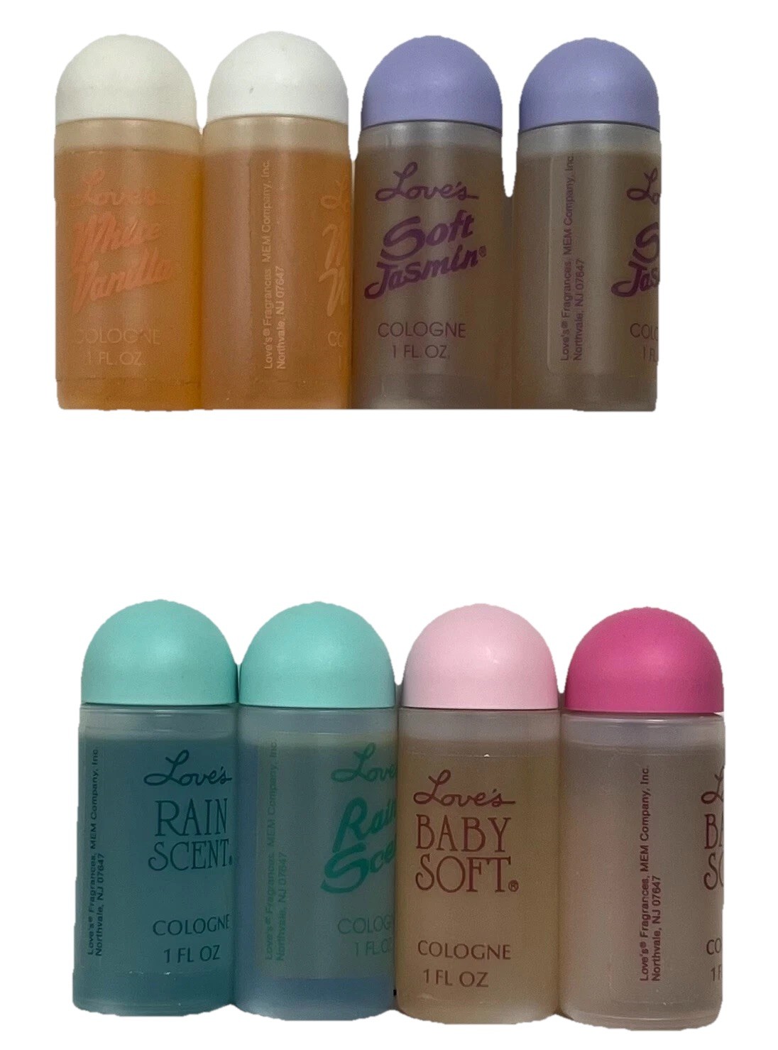 Set of 8  Love\'s by MEM cologne 1 oz plastic bottles as pictured Pl Read