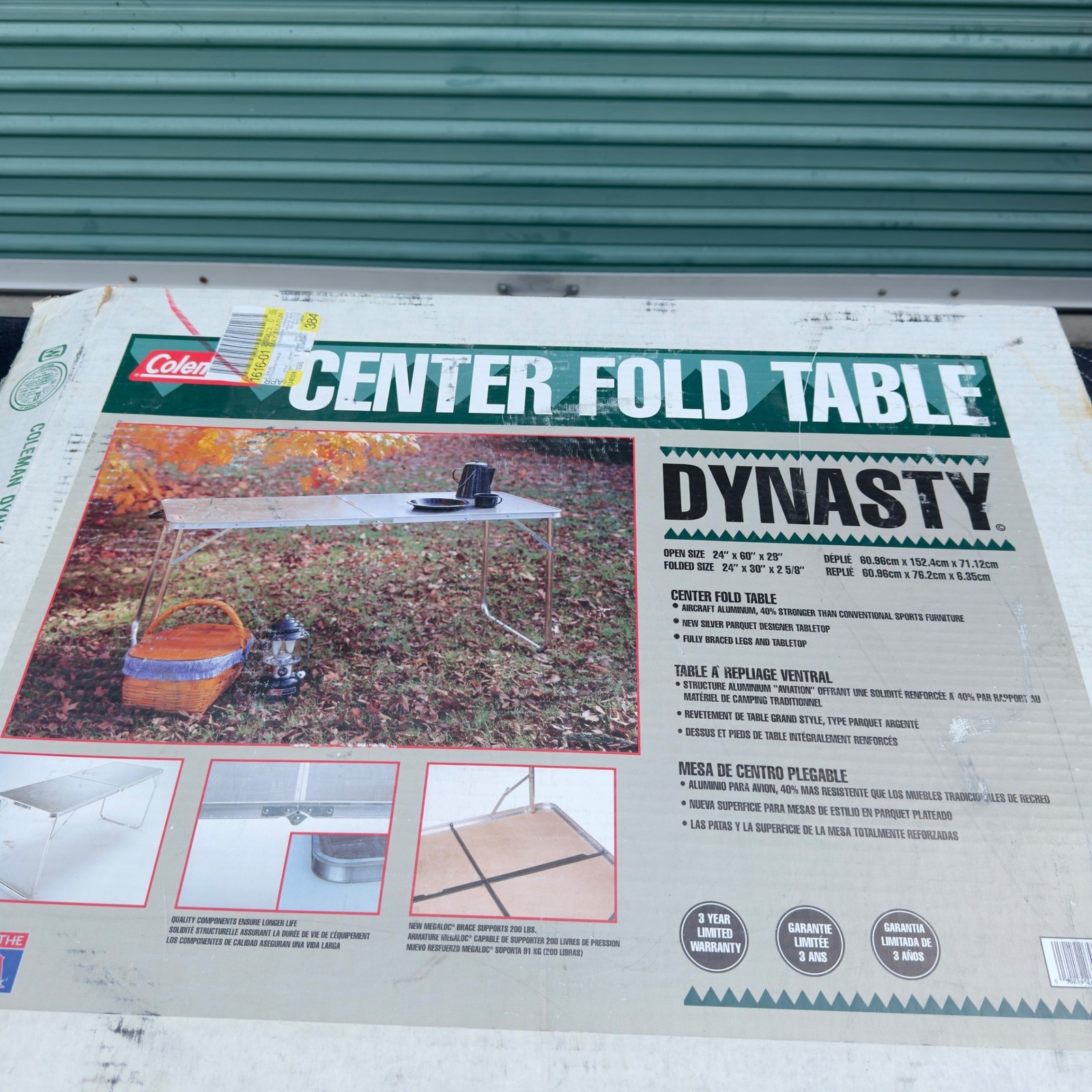 VTG Coleman Dynasty Center Fold Table Aircraft Aluminum Silver Parquet 24x60x28