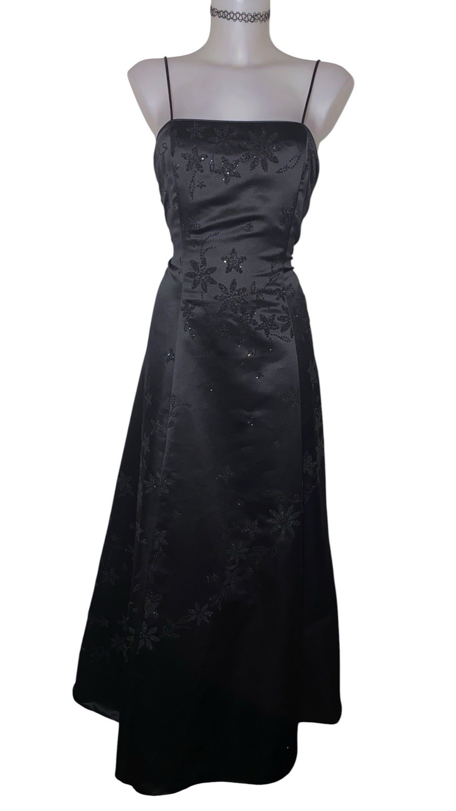 Vtg 90s Womens Black Beaded Satin Tulle Slip Dress Sz M Whimsigoth Vampy HOCO