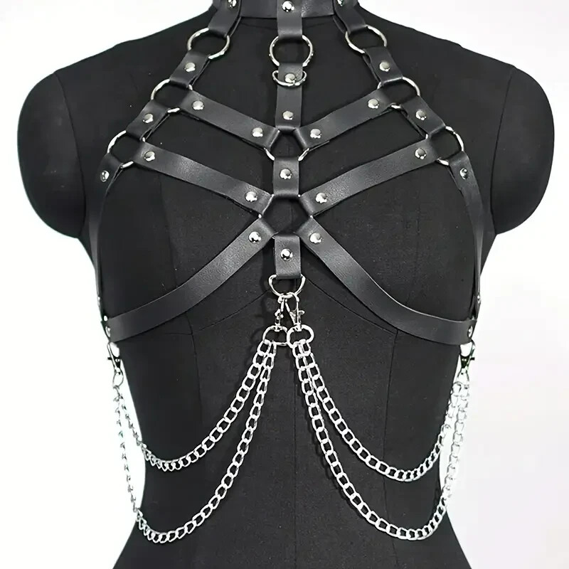 Women\'s Sexy Gothic Faux Leather Harness Belt with Chain Detail - Perfect for Ha Women\'s Sexy Gothic Faux Leather Harness Belt with Chain Detail - Perfect for Ha