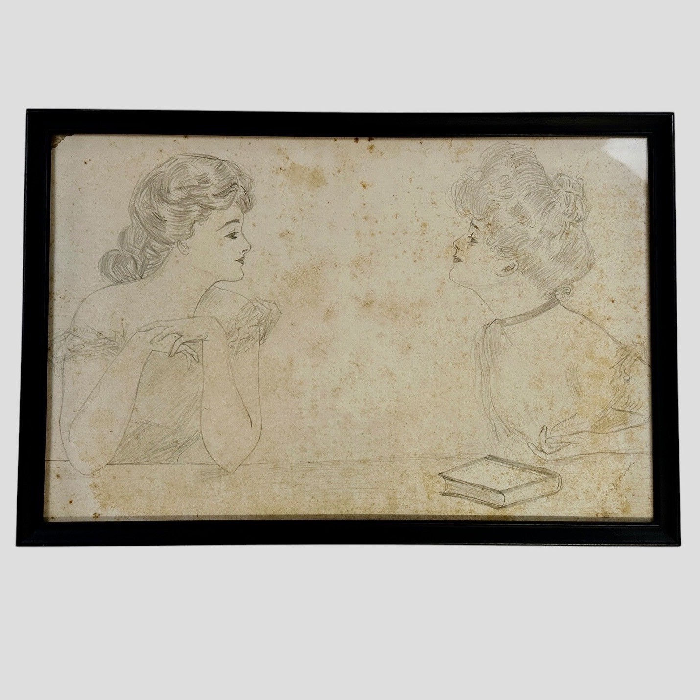 Antique Gibson Girl Pencil Sketch Art 20x12.5 Tan Fair Edwardian Drawing Frame