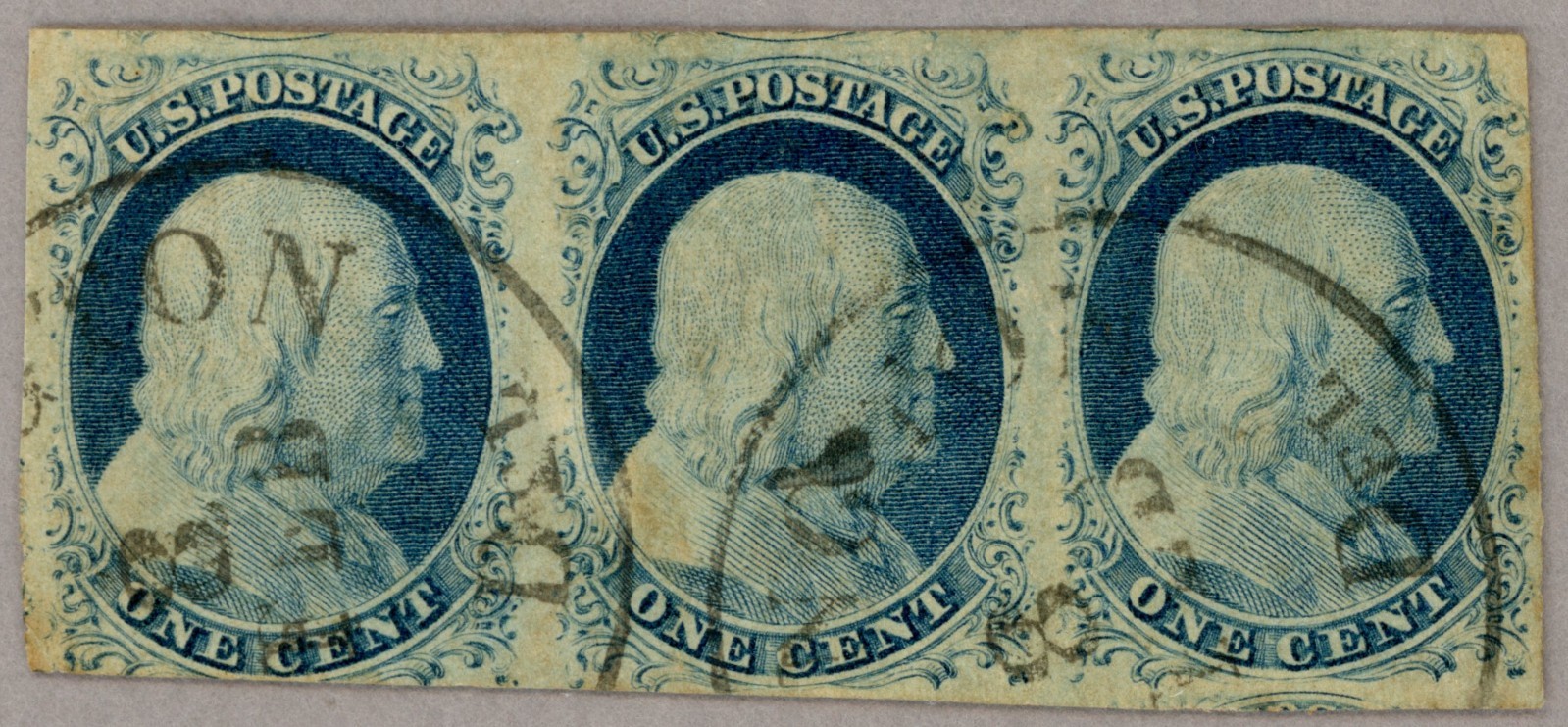 US Scott#9 XF 1851 1c Franklin strip of 3, right 2 stamps XF Jumbo