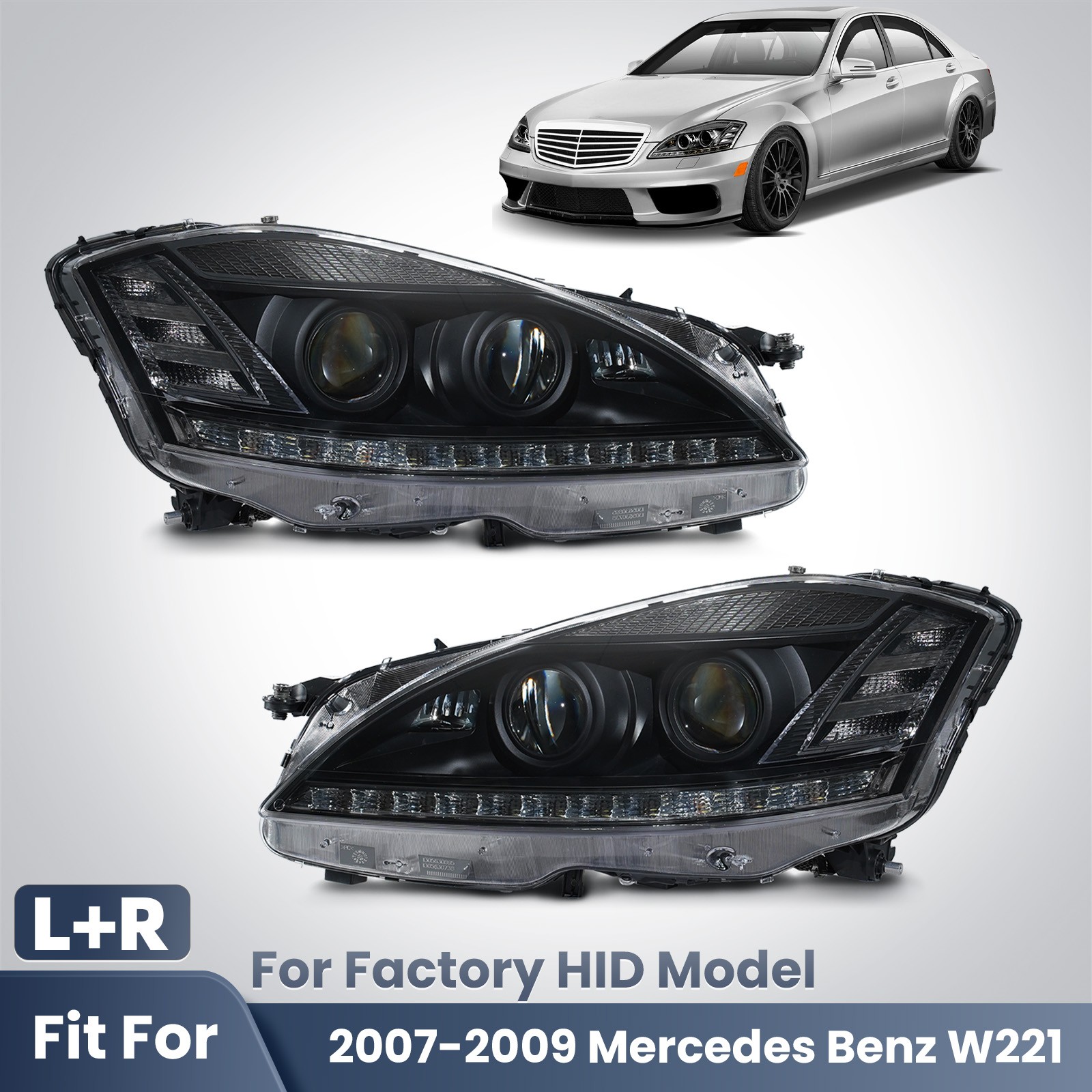 For 2007-2009 Mercedes Benz W221 S550 S-Class Xenon HID LED Headlights Black