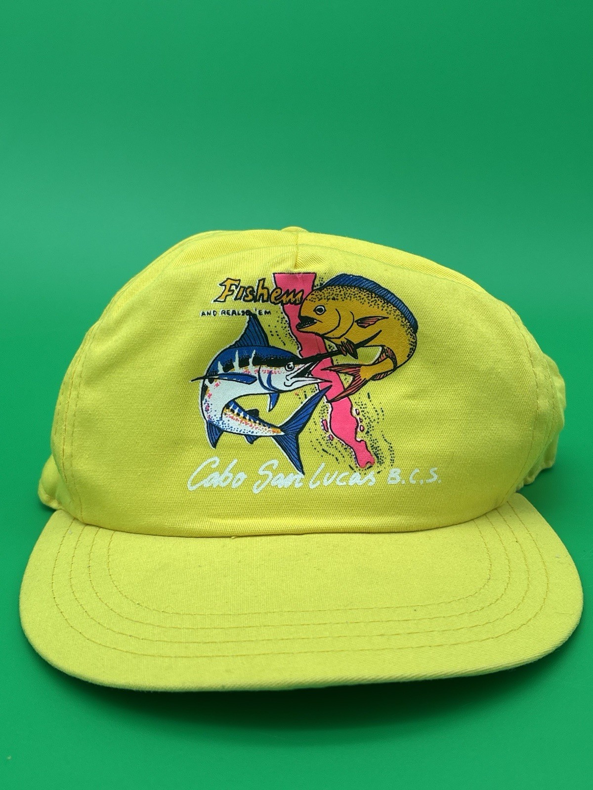 Vintage Cabo San Lucas Fishing Hat Fishem Release Em Marlin Snapback Yellow