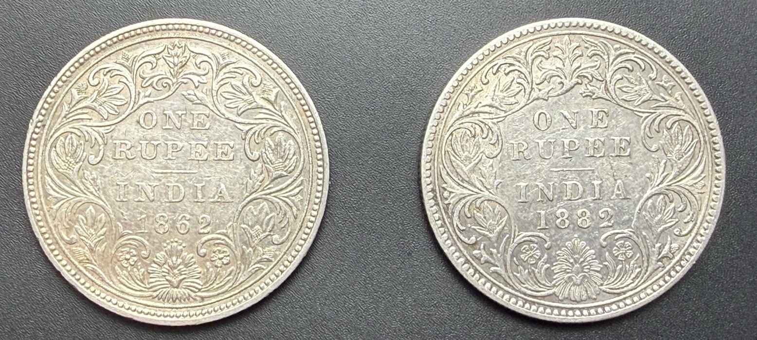 1862 & 1882 British India One Rupee , Silver 0.917 Victoria Empress Incuse C 1862 & 1882 British India One Rupee , Silver 0.917 Victoria Empress Incuse C