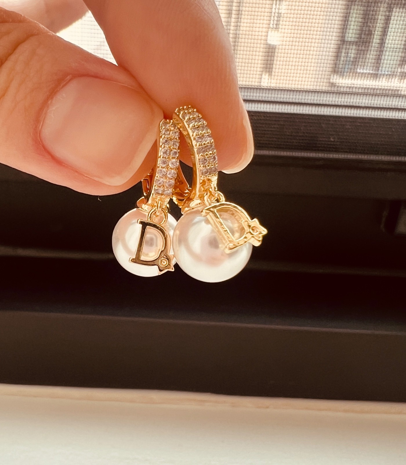 Vintage Christian Dior Gold Tone Crystal Faux Pearl Dangle Pieced Earrings Vintage Christian Dior Gold Tone Crystal Faux Pearl Dangle Pieced Earrings