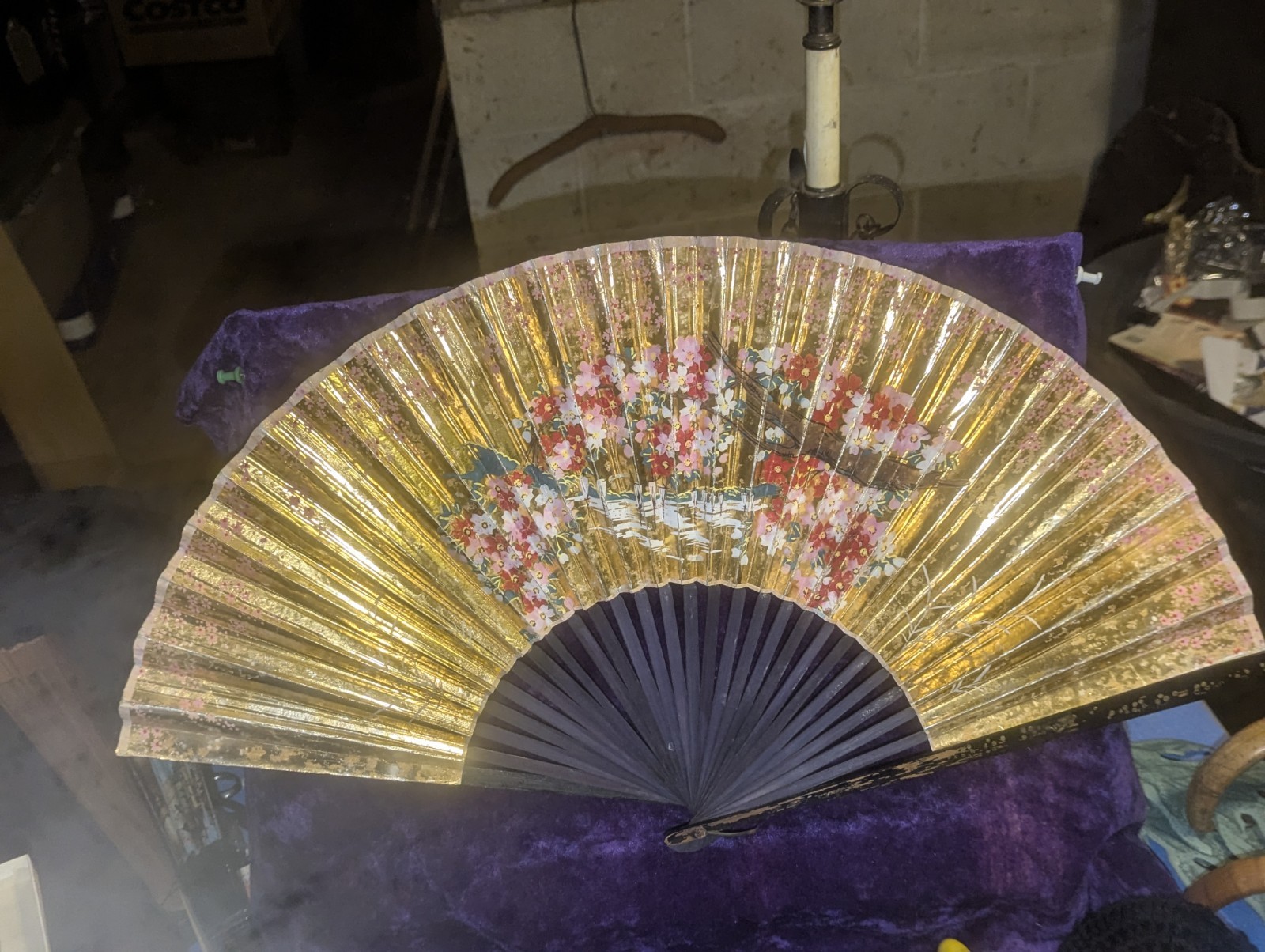 Vintage large (12x26) Japanese Folding Hand Fan Hand Painted Large 24x12