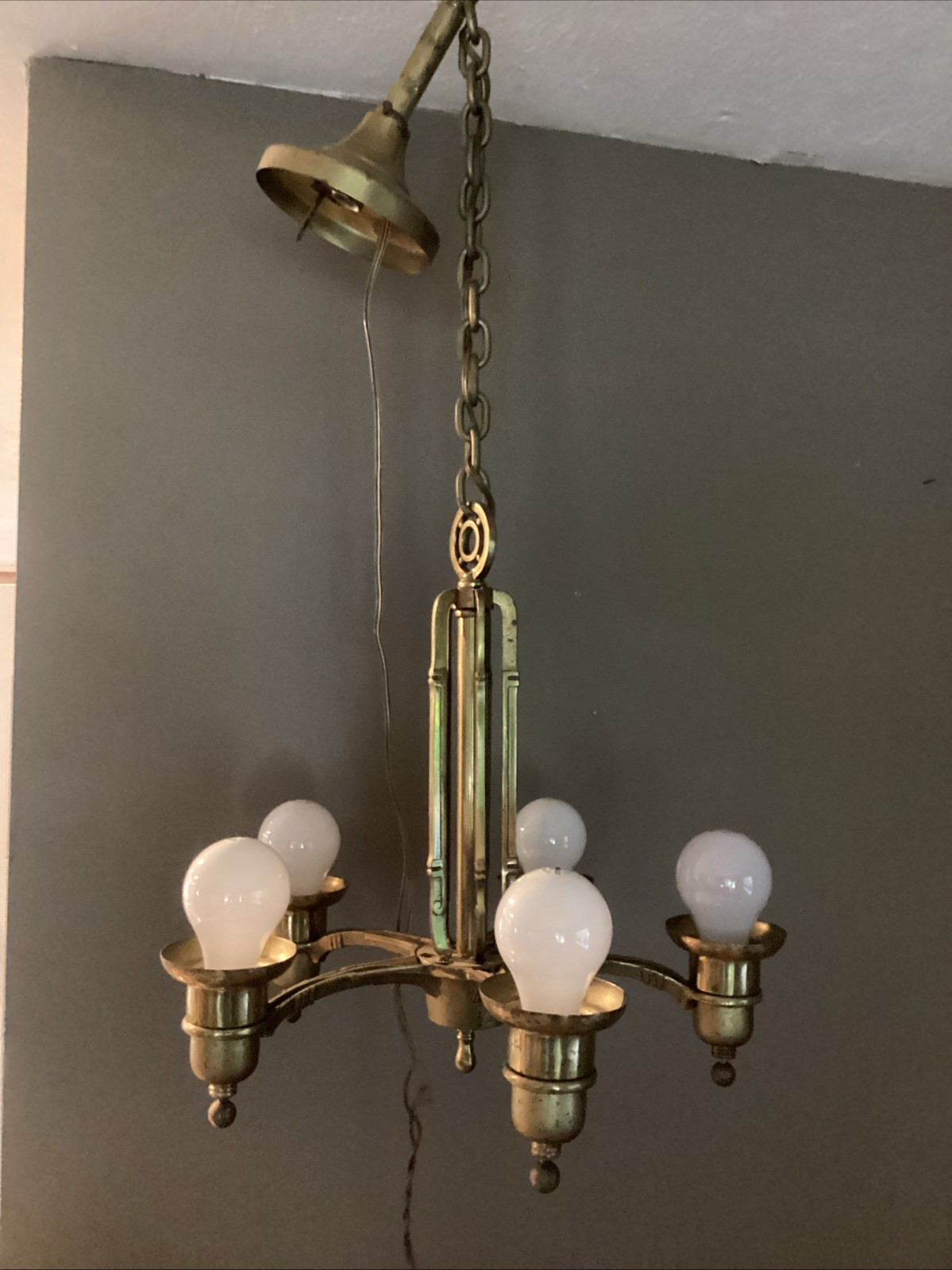Antique 20\'s SOLID BRASS ART DECO Ceiling Light Fixture CHANDELIER RARE