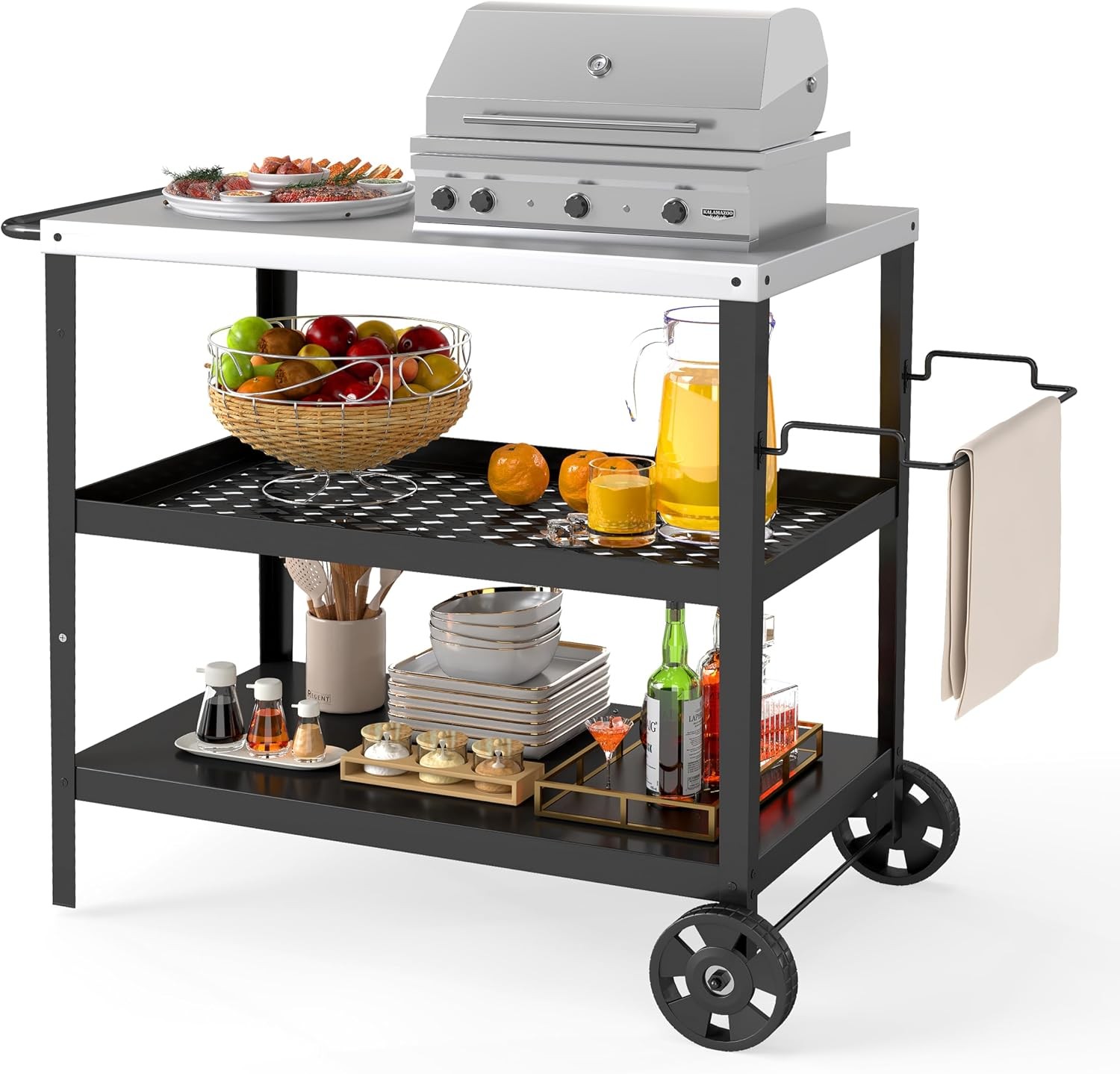 3-Tier Outdoor Grill Table Stainless Steel BBQ Prep Cart with Storage, Rolling