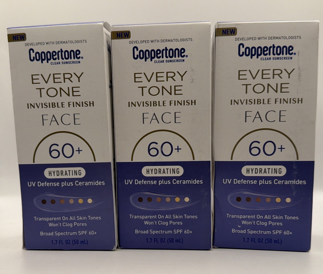 3 x Coppertone Everytone Invisible Finish Face 60+ Hydrating, 1.7 Oz. Ex 8/26 3 x Coppertone Everytone Invisible Finish Face 60+ Hydrating, 1.7 Oz. Ex 8/26