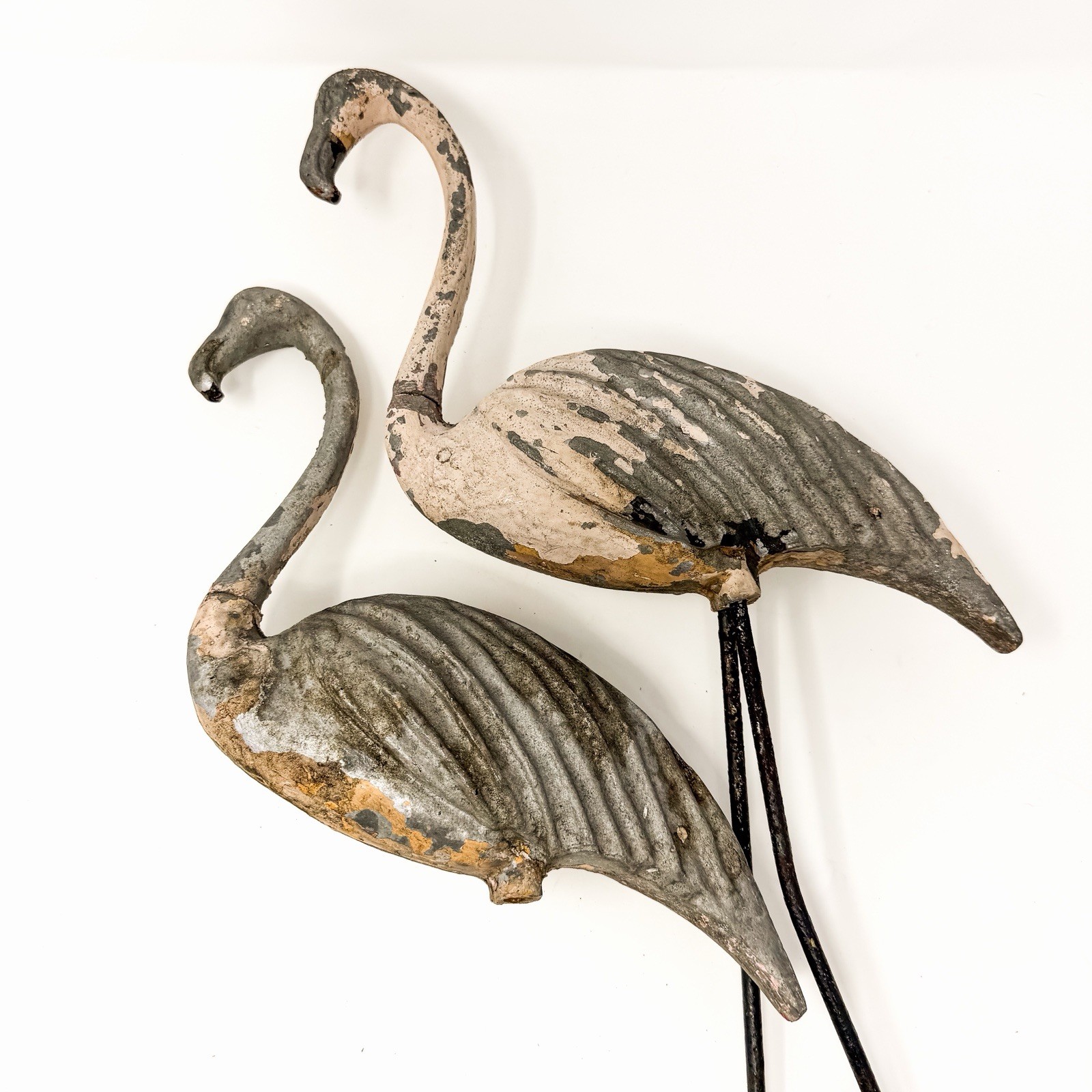 Pair Vintage 1950s Cast Aluminum Lawn Flamingos Garden Statues 10” Original Legs