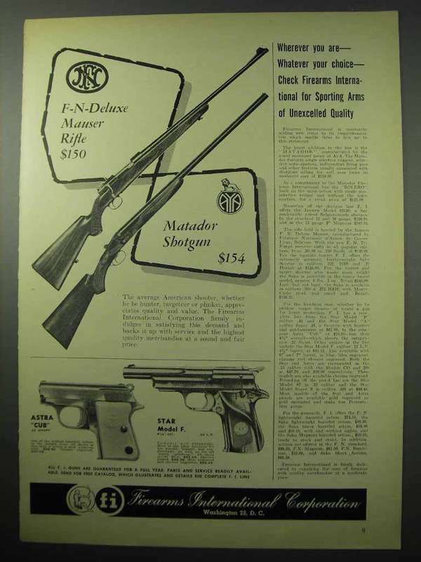 1956 F.I. Ad - F-N Mauser, Aya Shotgun, Astra Cub