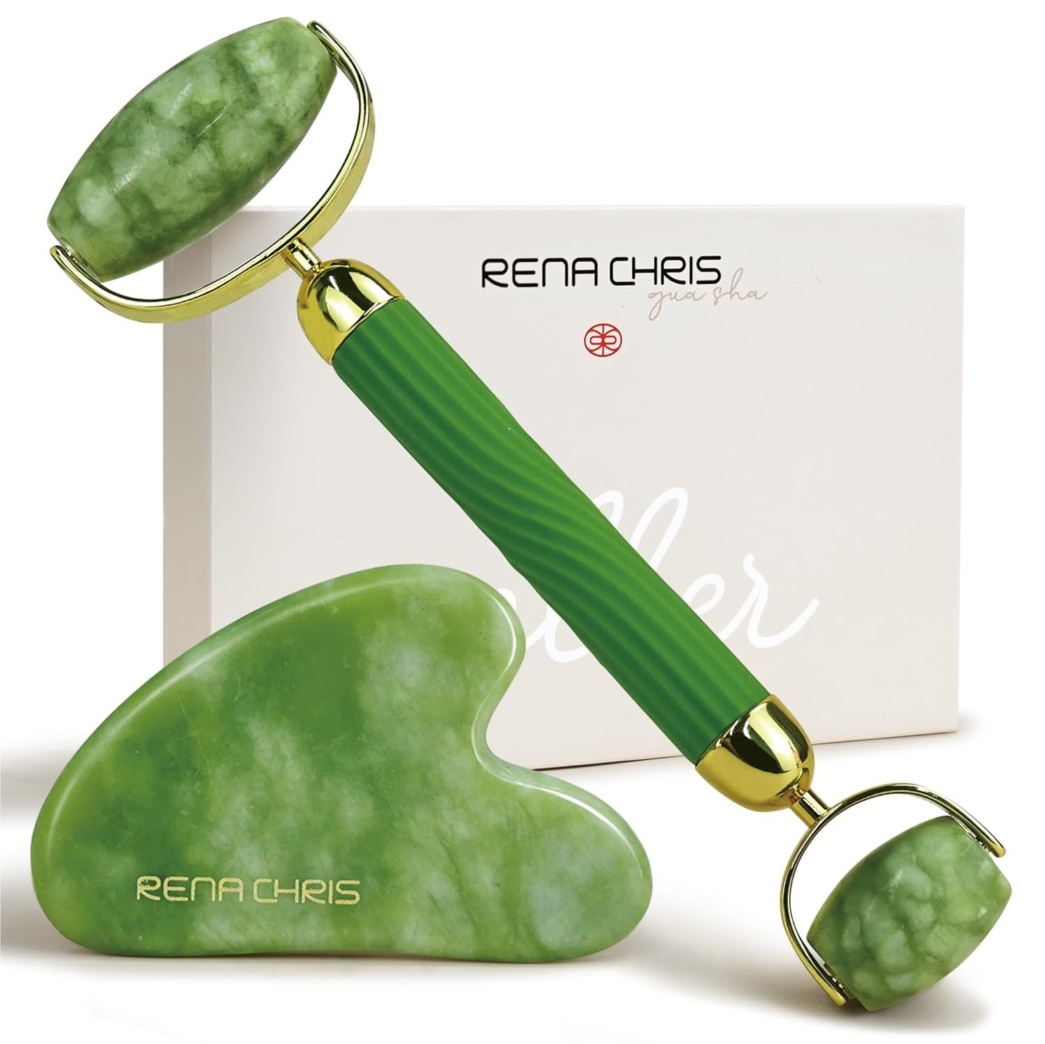 Rena Chris Gua Sha and Face Roller Set: Anti-Breakage Jade Roller for Long-Lasti