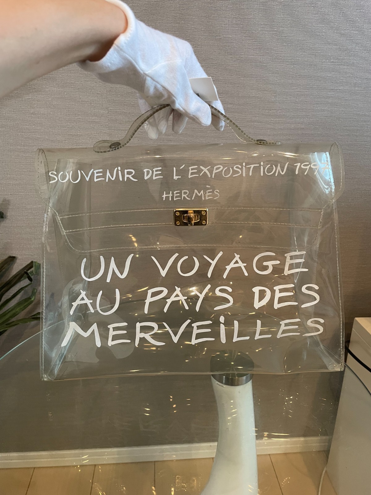 HERMES Vinyl Kelly Beach Hand Bag Clear SOUVENIR DE L\'EXPOSITION 260822