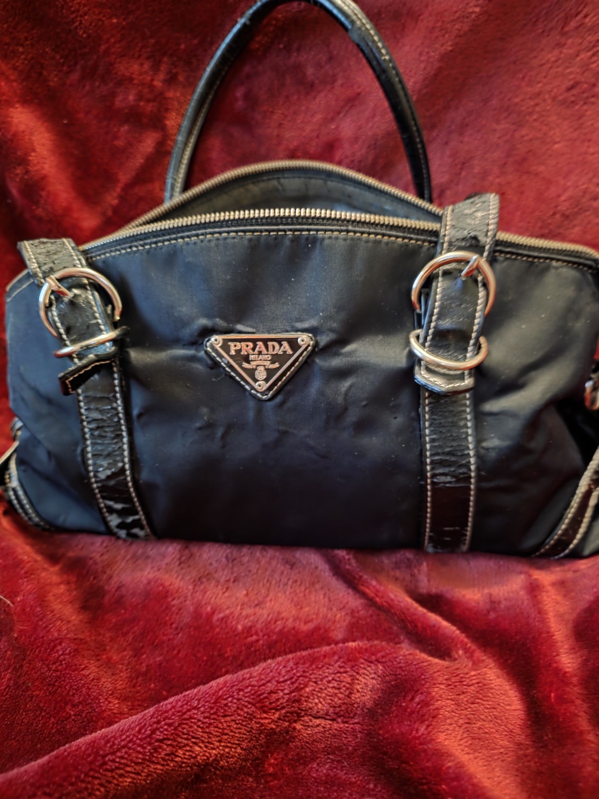 PRADA Black Zip Top Logo Plaque Shoulder Bag Silver Hardware Double Handles PRADA Black Zip Top Logo Plaque Shoulder Bag Silver Hardware Double Handles