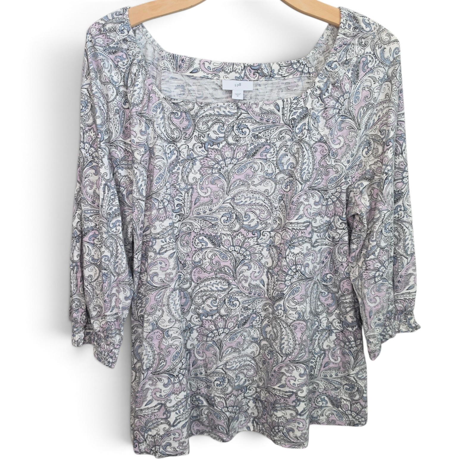 J. Jill Womens Top Medium M Purple Paisley Floral Square Neck 3/4 Sleeve Blouse