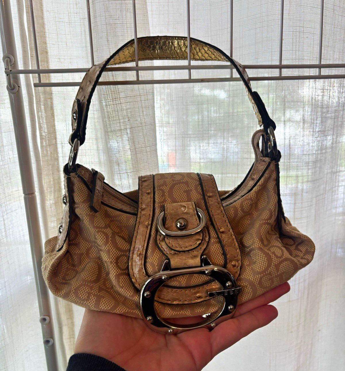 GUESS Vintage y2k Mini Beige Logo Zip Shoulder Bag Gold Strap Silver Hardware