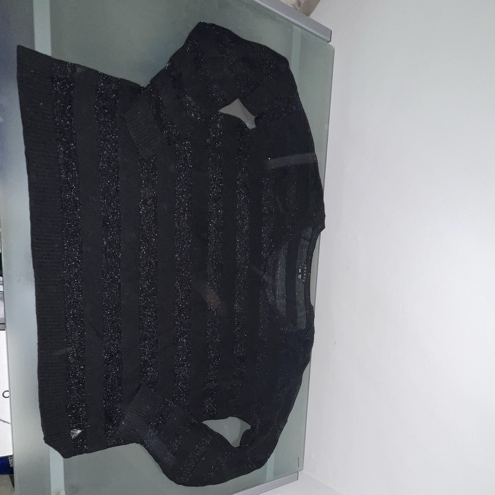 Theory Women’s Black Glitter Striped Knit Sheer Panels Sweater M