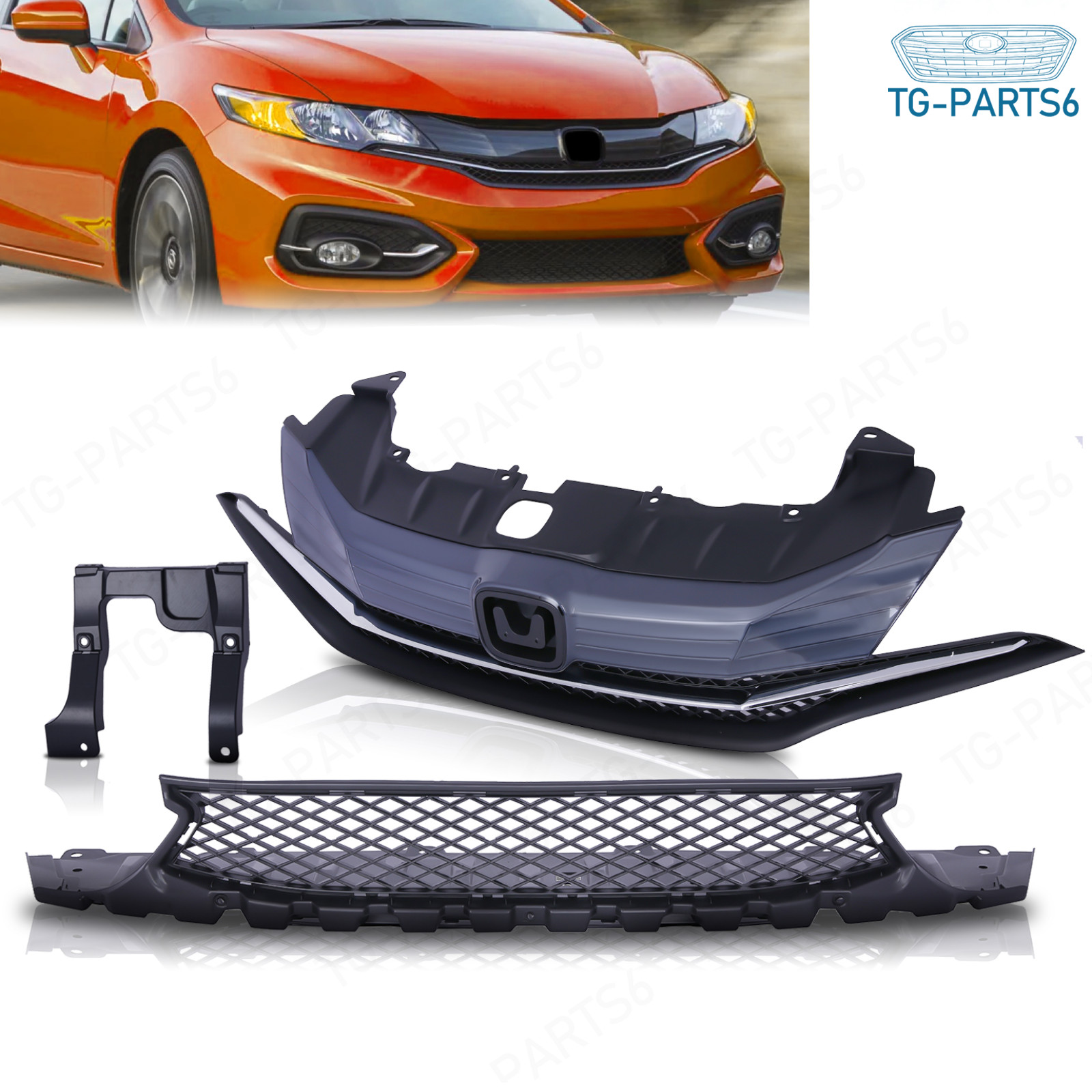 Front Upper&Lower Grilles Textured Cover For 2014 2015 Honda Civic 2-Door Coupe