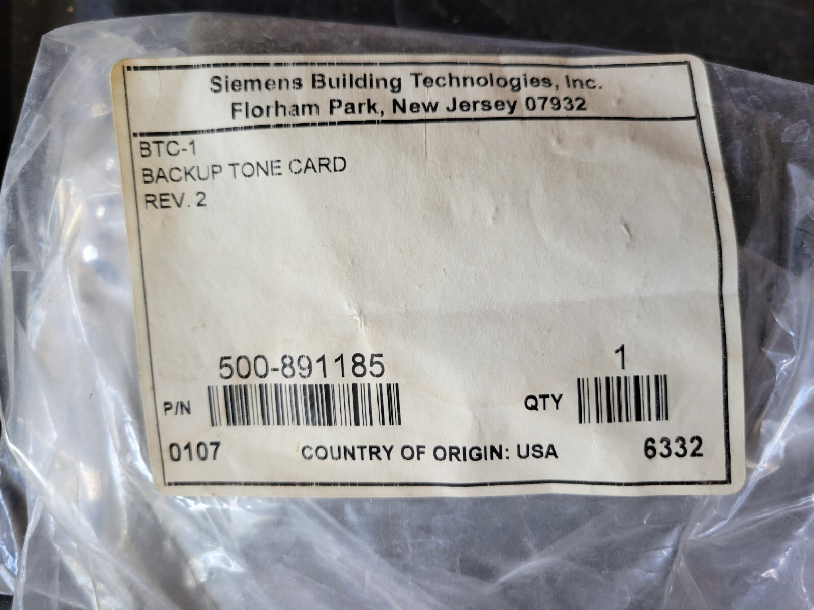 SIEMENS BTC-1.     500-891185  Backup Tone Card. - New / Open Box 