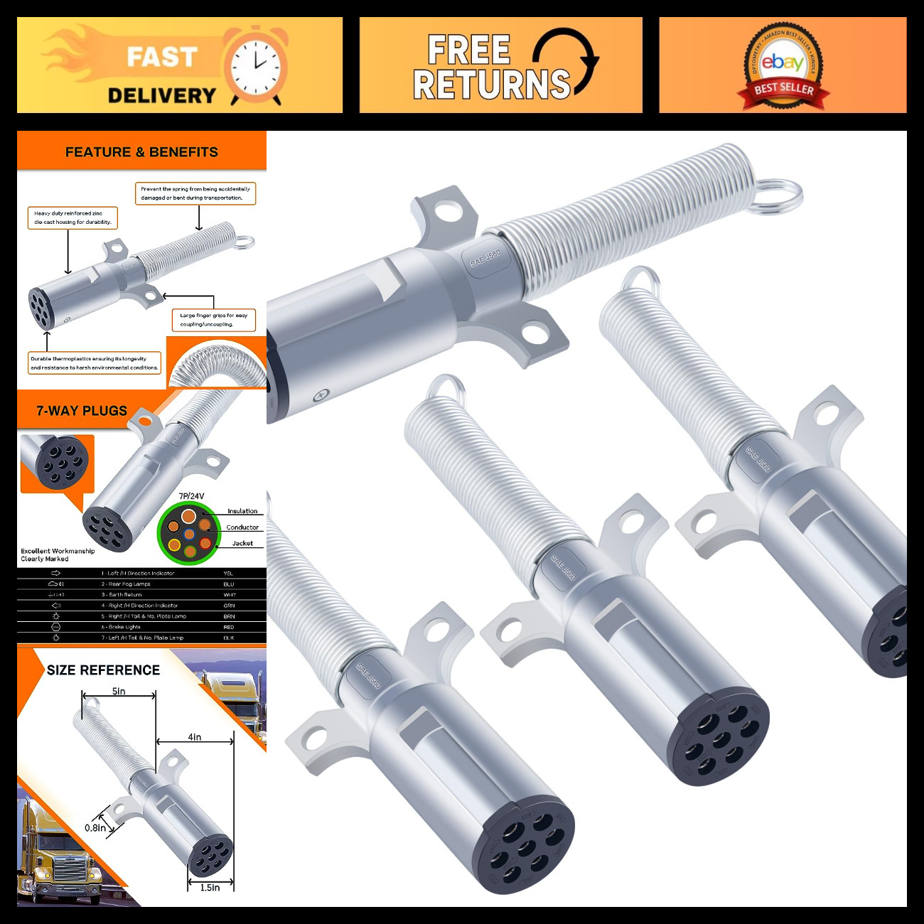 7-Way Trailer Connector Plug Set - 4PCS Vehicle Side Replacement Wiring Kit 7-Way Trailer Connector Plug Set - 4PCS Vehicle Side Replacement Wiring Kit